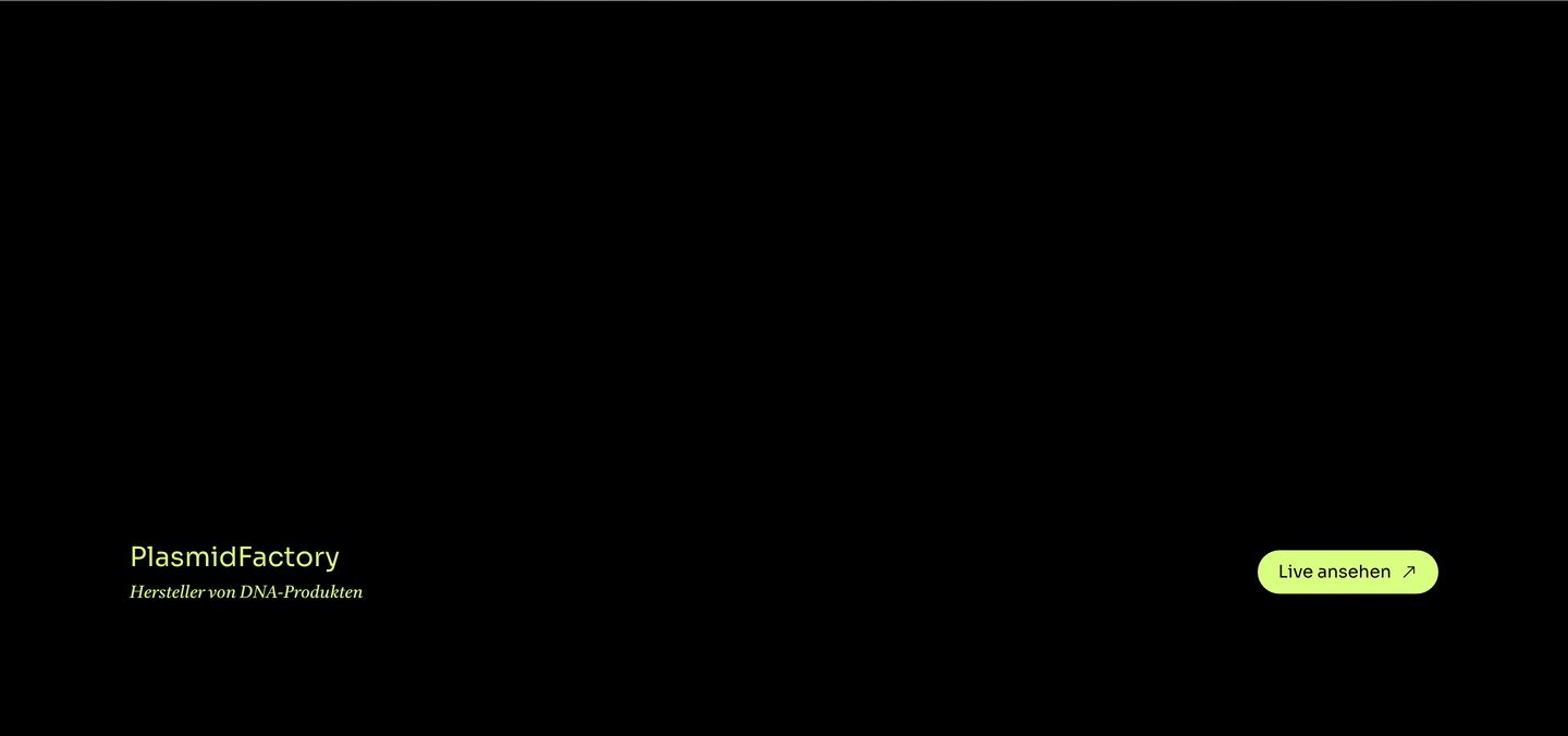 Vast, pitch-black space anchored only by bottom-corner project credits and an electric lime pill button.