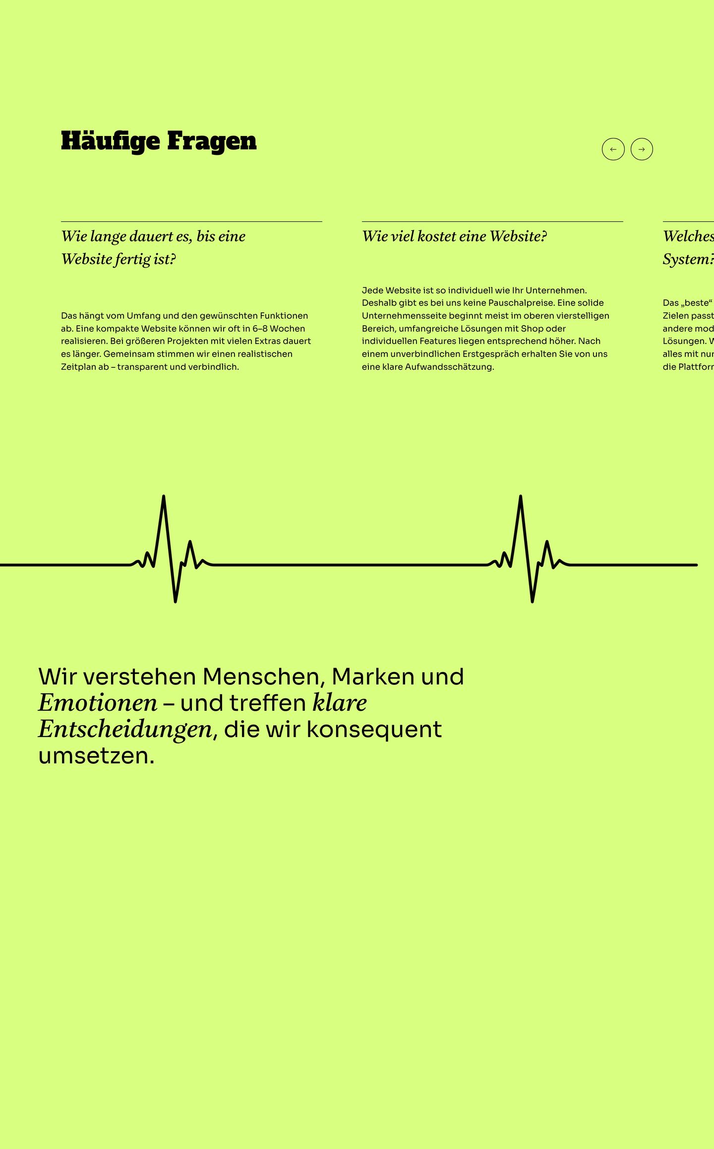 Electric acid-green FAQ section featuring horizontal carousel navigation and an expressive heartbeat divider line.