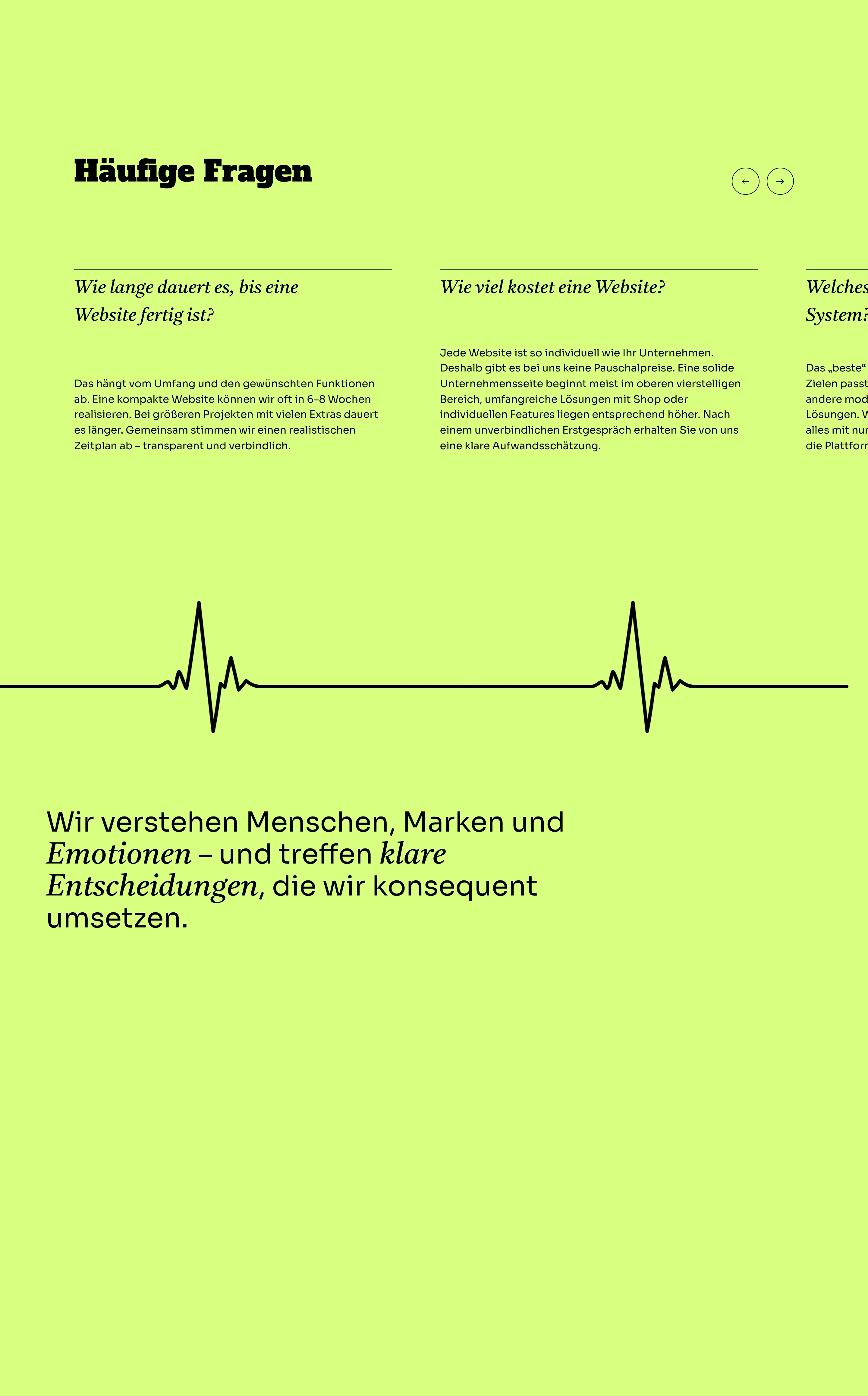 Electric acid-green FAQ section featuring horizontal carousel navigation and an expressive heartbeat divider line.