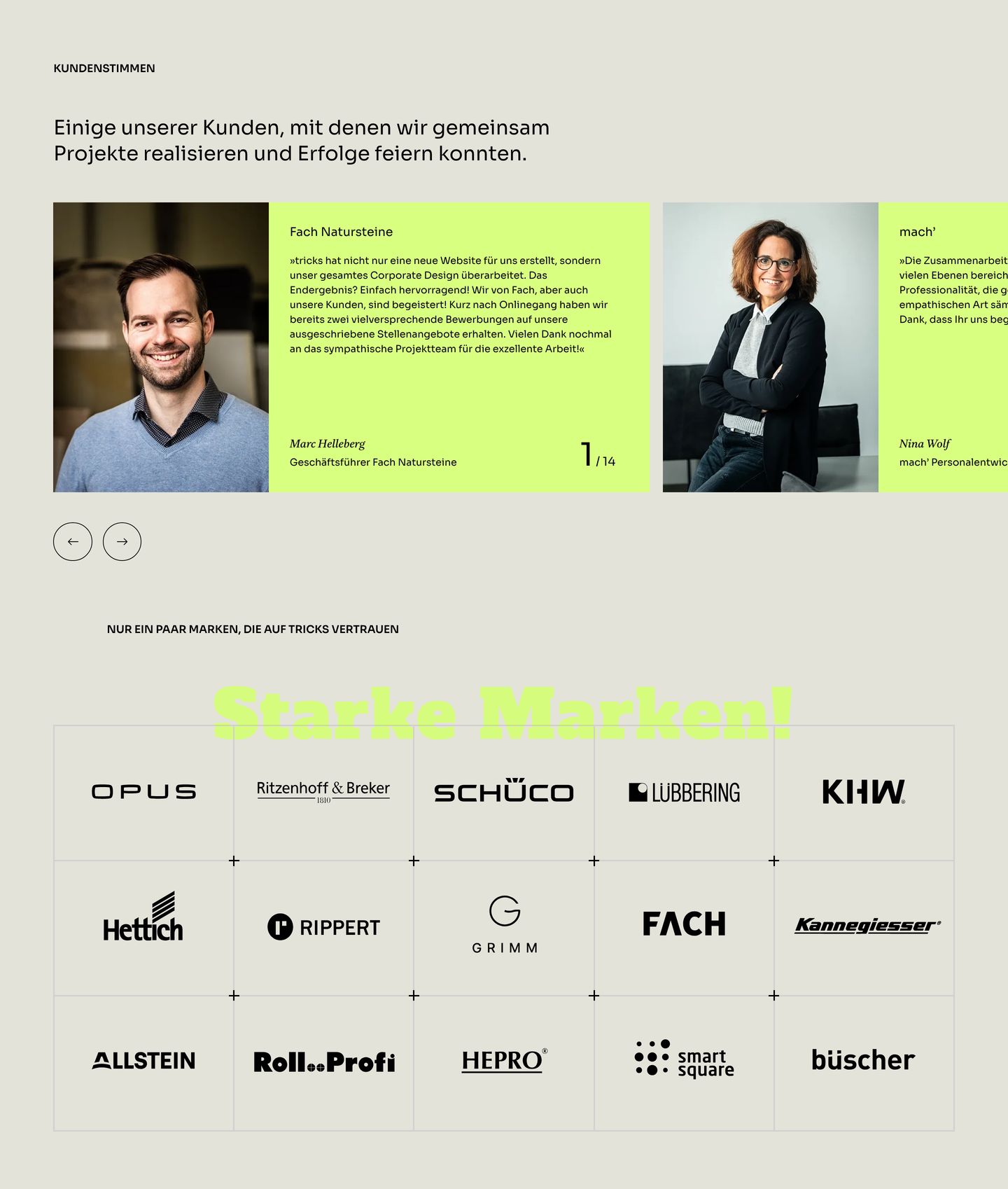 Structured agency proof section pairing high-contrast neon quote cards and client portraits with a crisp crosshair logo grid.