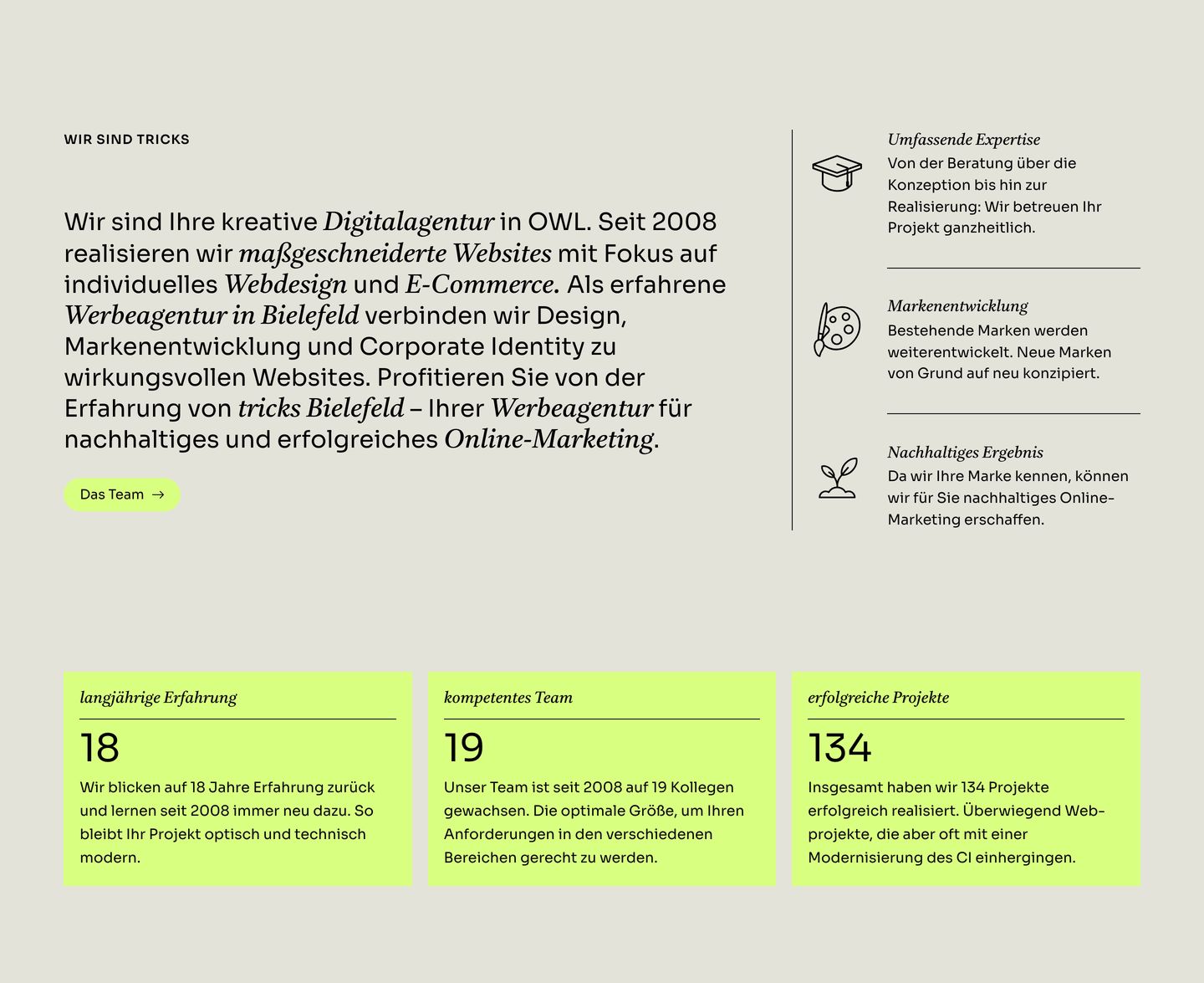 A refined editorial agency overview pairing warm neutral typography and line art with high-contrast chartreuse stat blocks.
