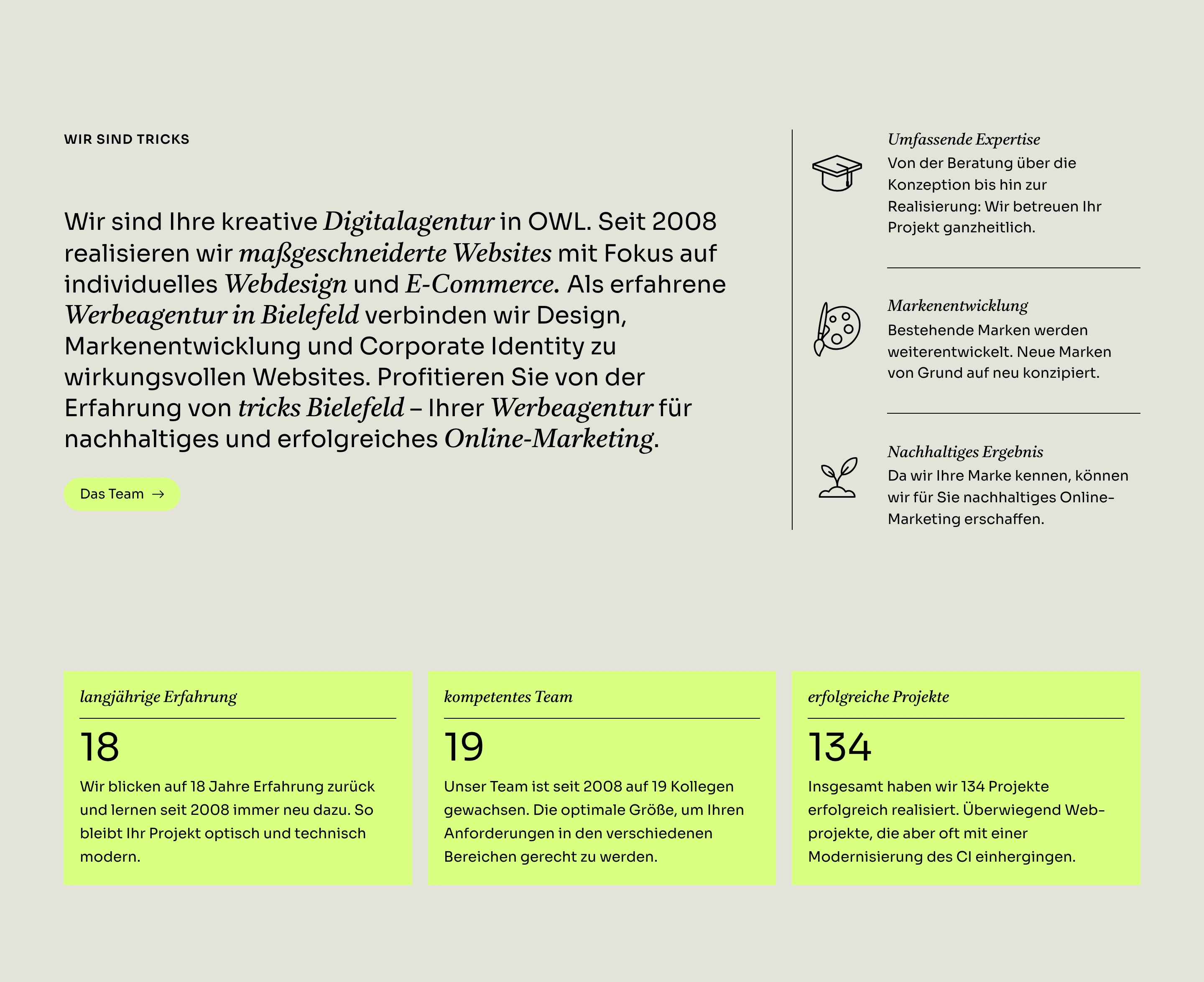 A refined editorial agency overview pairing warm neutral typography and line art with high-contrast chartreuse stat blocks.