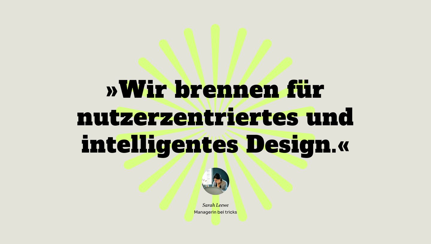 A punchy testimonial quote centered over a vibrant lime-green sunburst on a warm neutral background.