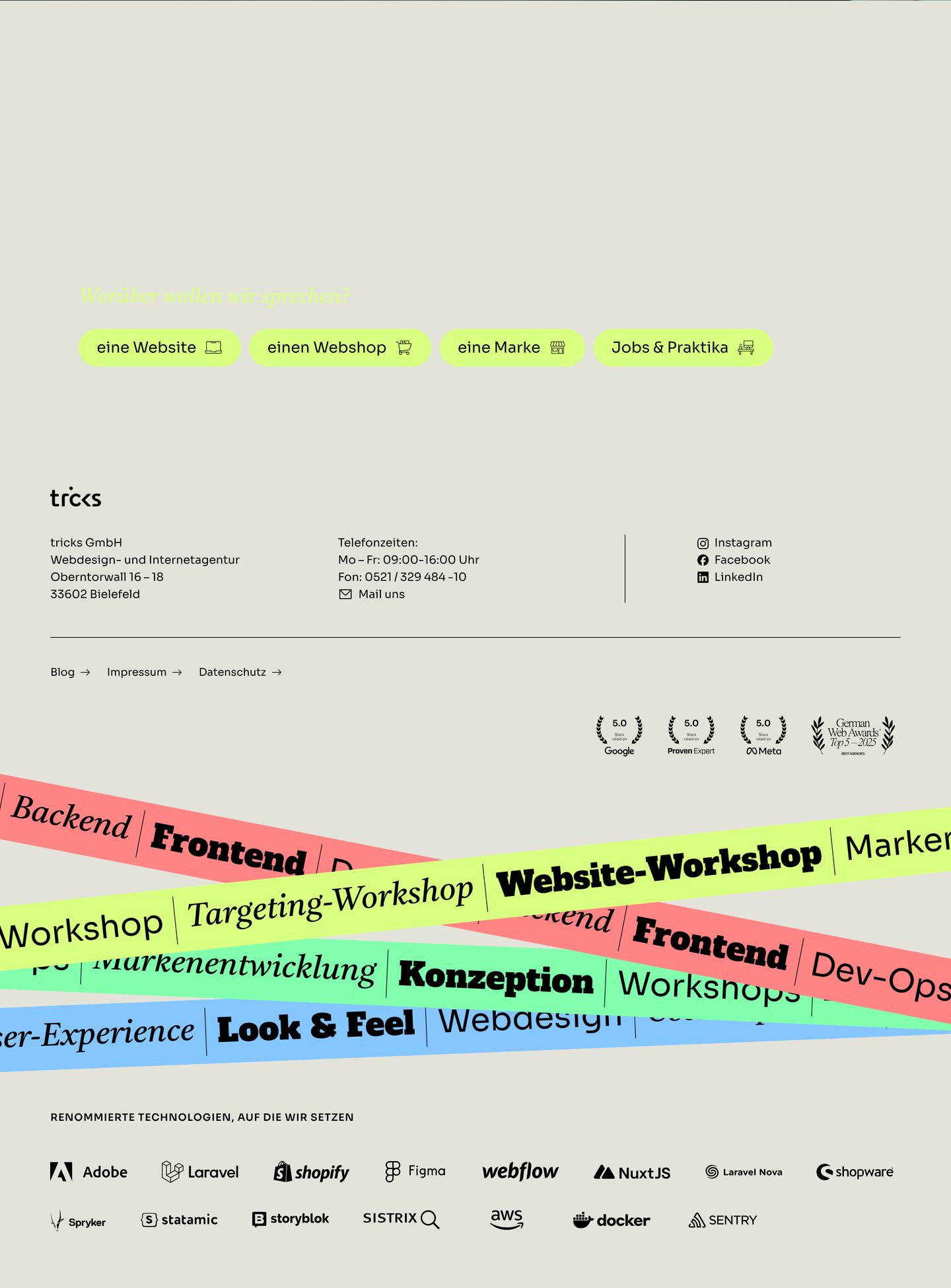Playful agency footer and tech showcase framed by overlapping diagonal ticker tapes, lime CTA pills, and clean structured contact columns.