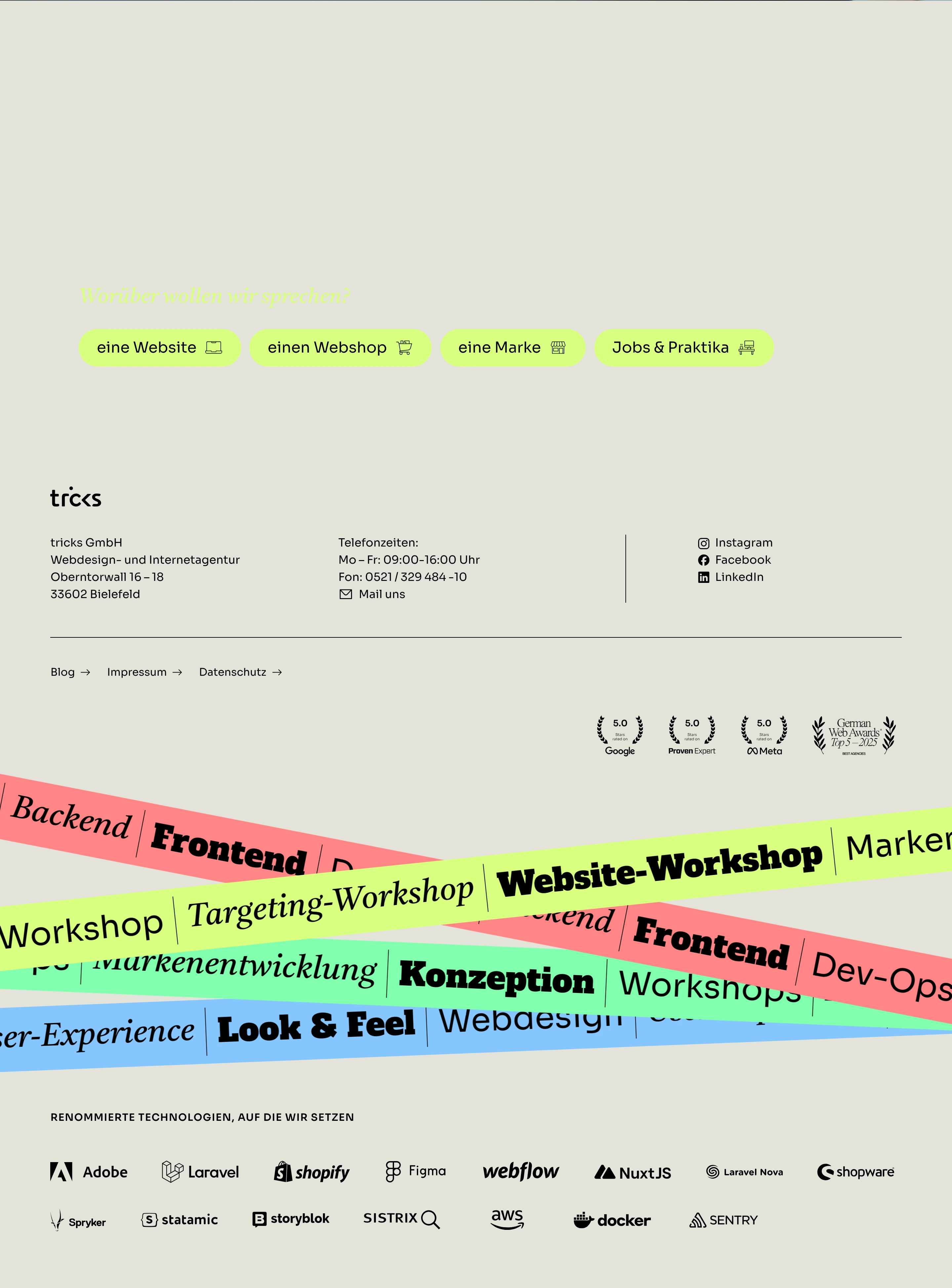 Playful agency footer and tech showcase framed by overlapping diagonal ticker tapes, lime CTA pills, and clean structured contact columns.