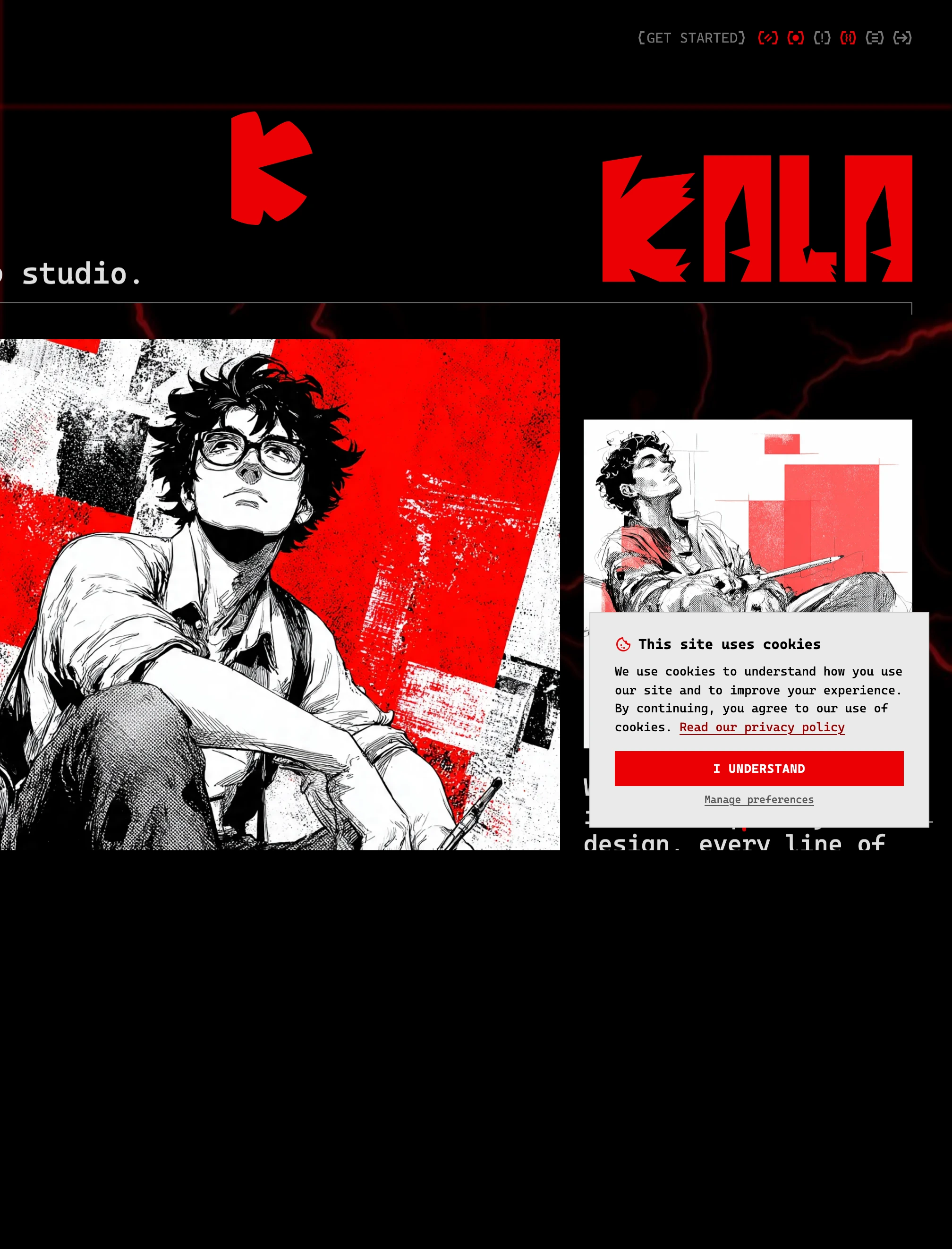 High-impact, aggressive black and crimson brutalist hero featuring dynamic manga-style ink illustrations and raw monospace typography.