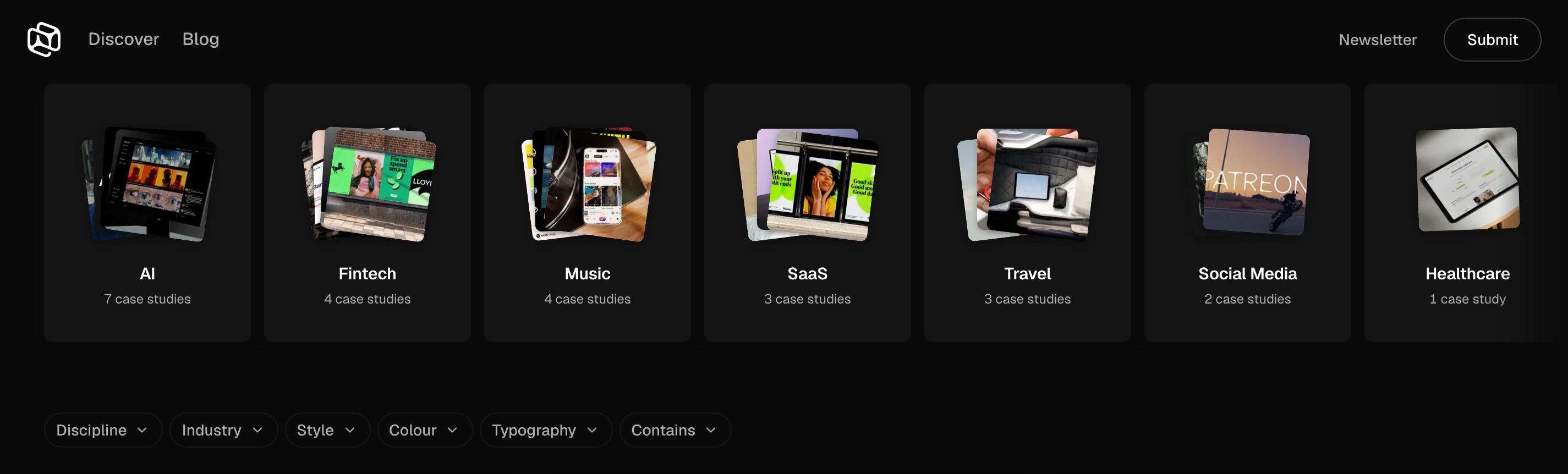 Dark, slick directory interface featuring fan-deck category preview cards and compact filter pills against a deep black canvas.