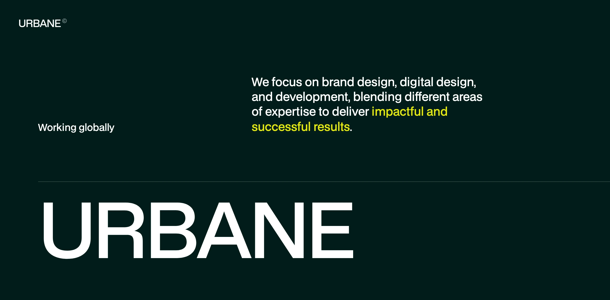 Dark green Swiss-inspired studio hero dominated by an oversized bottom-anchored wordmark and disciplined asymmetrical typography.