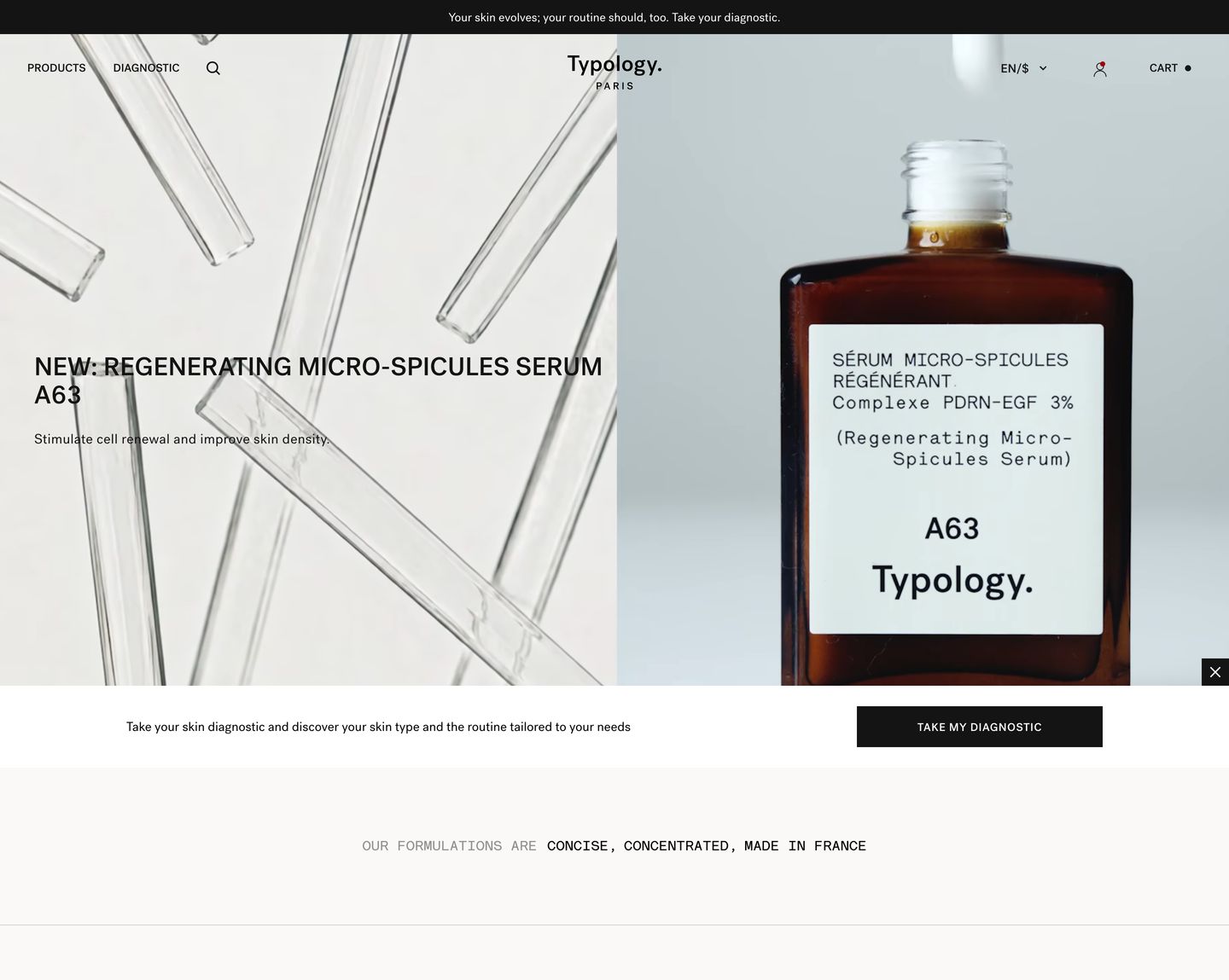 Austere, clinical skincare hero balancing sterile laboratory glassware macro photography with disciplined, minimalist Swiss typography.