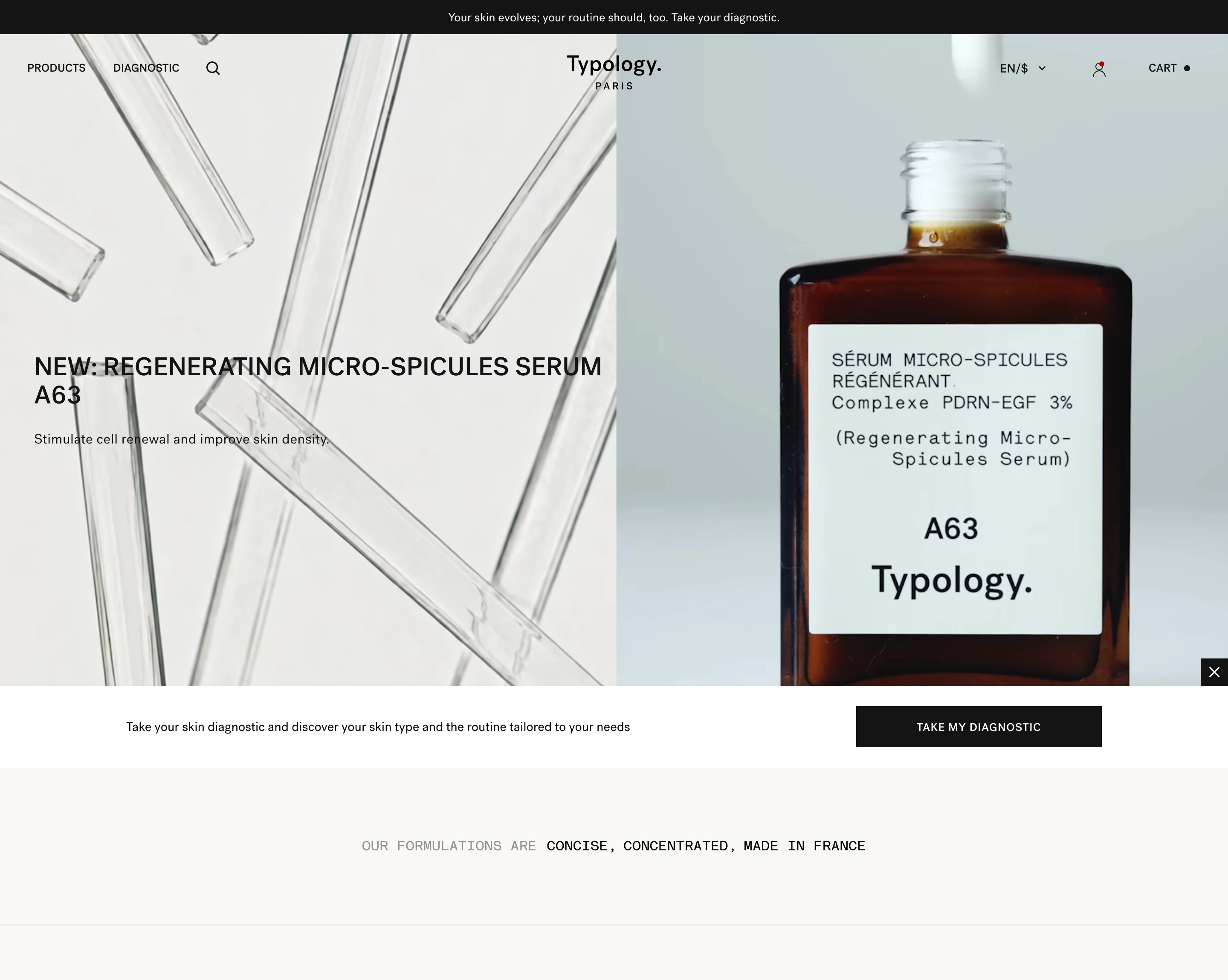 Austere, clinical skincare hero balancing sterile laboratory glassware macro photography with disciplined, minimalist Swiss typography.