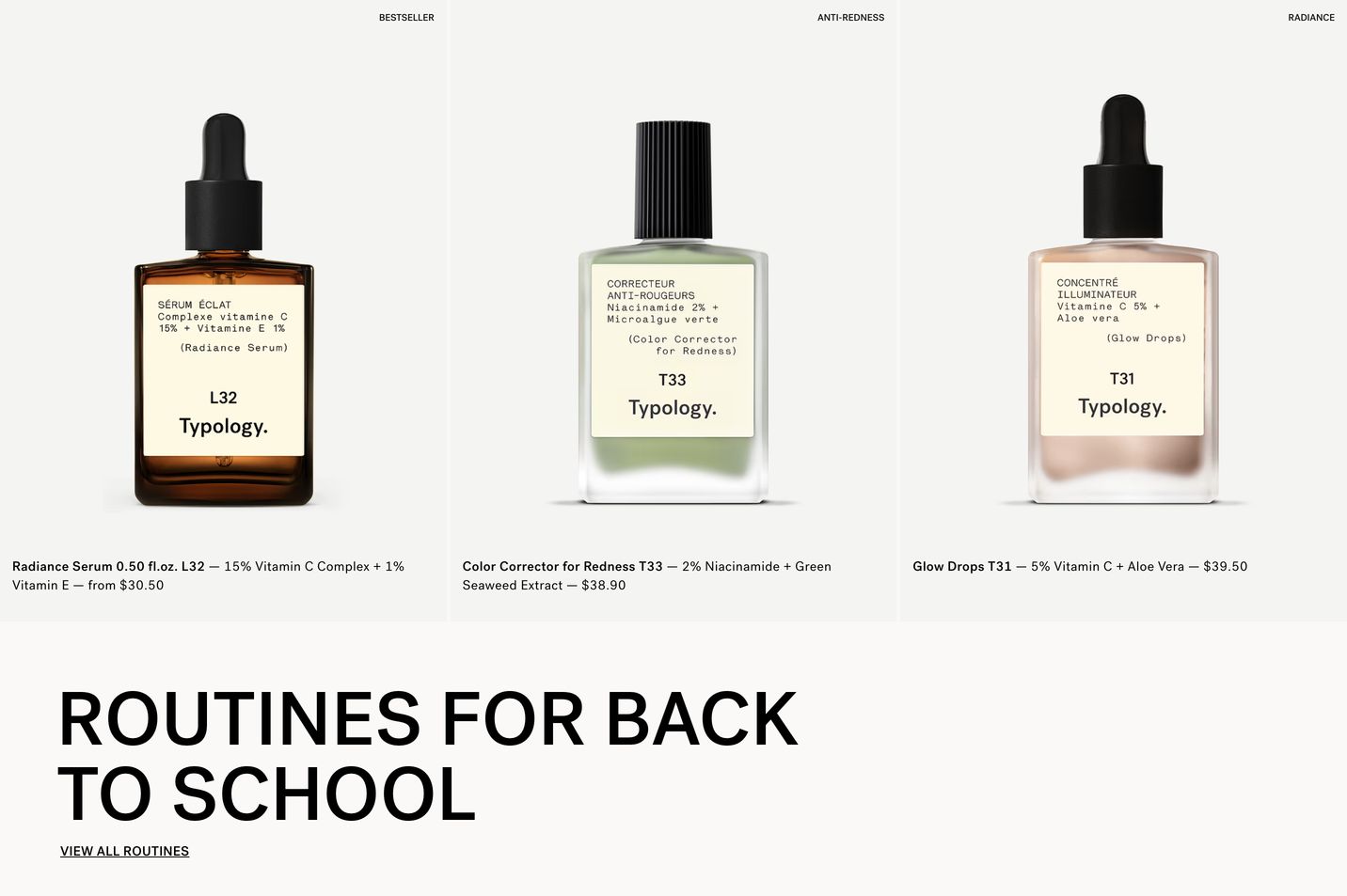 Pristine apothecary-inspired product grid pairing clinical cosmetic bottles with stark typography and a bold sans-serif headline.