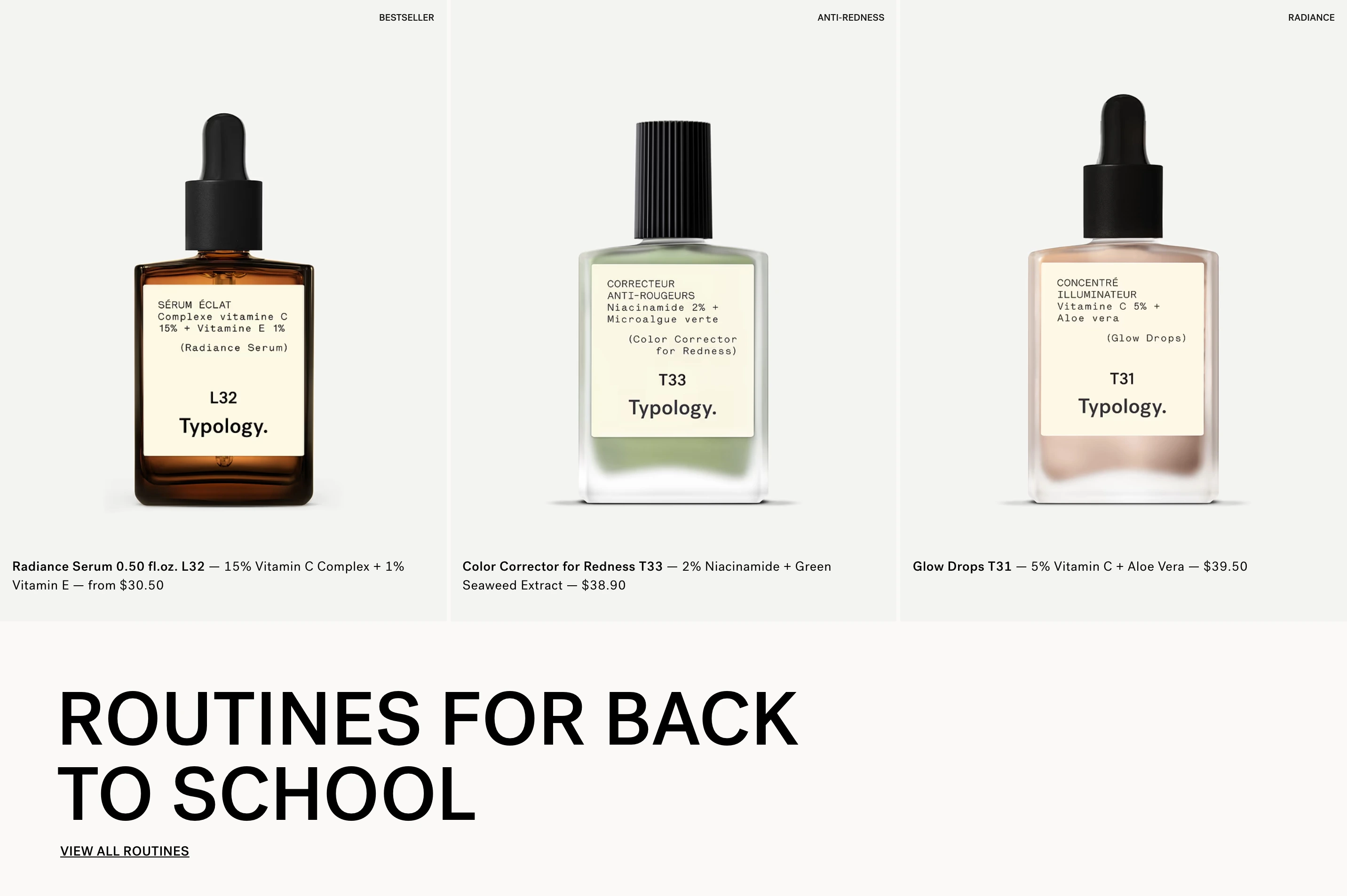 Pristine apothecary-inspired product grid pairing clinical cosmetic bottles with stark typography and a bold sans-serif headline.