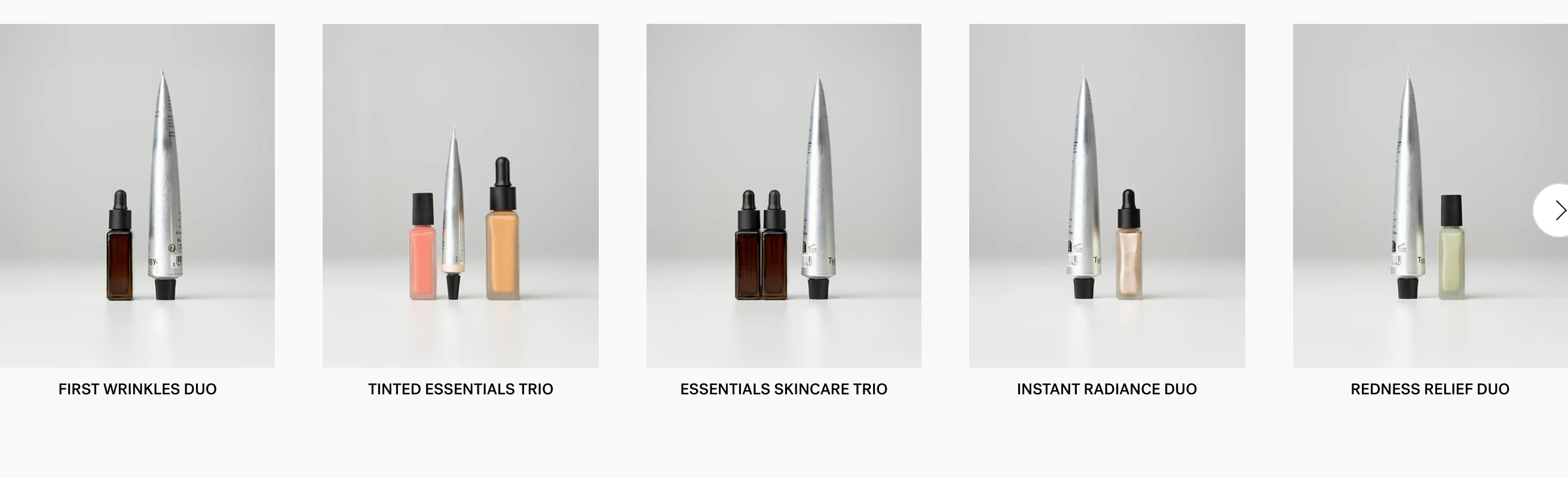 A quiet, clinical product carousel displaying minimalist skincare sets against soft neutral studio backdrops.
