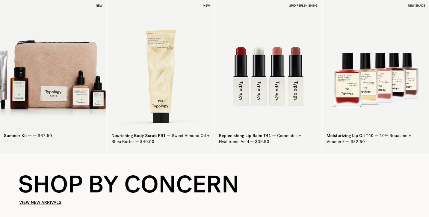 Clinical, minimal product showcase featuring four clean cosmetic product shots above an authoritative uppercase title.