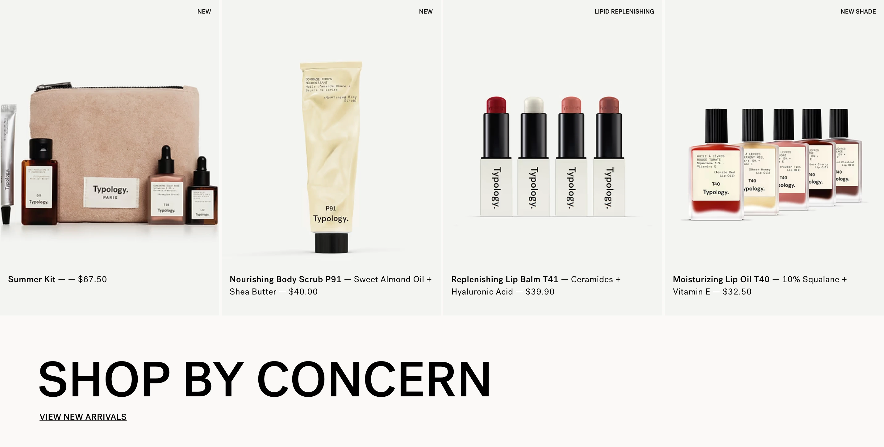Clinical, minimal product showcase featuring four clean cosmetic product shots above an authoritative uppercase title.