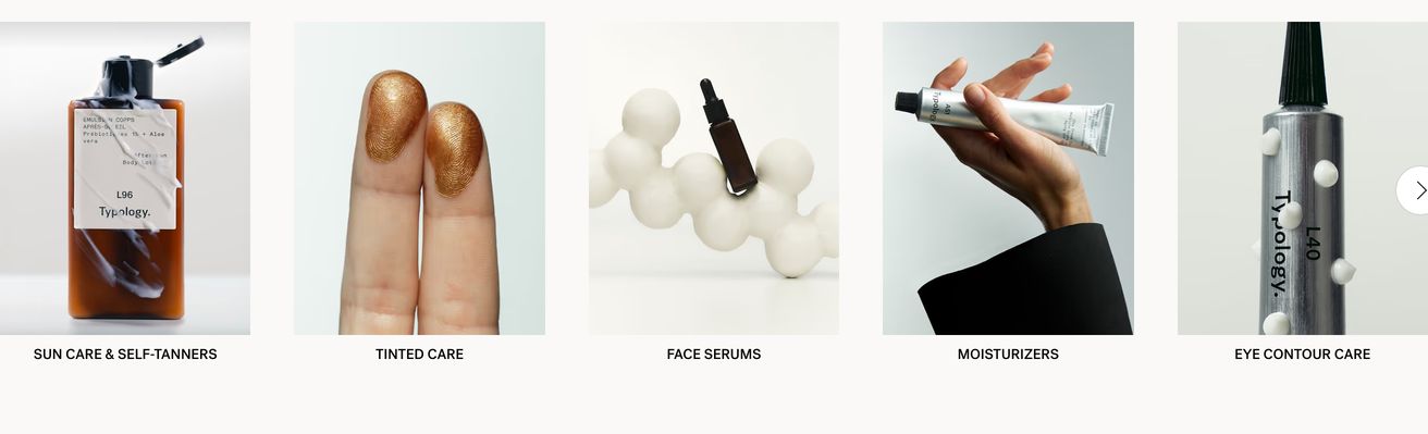 Clean, gallery-like product category slider showcasing skincare textures and packaging with quiet, high-end photographic precision.