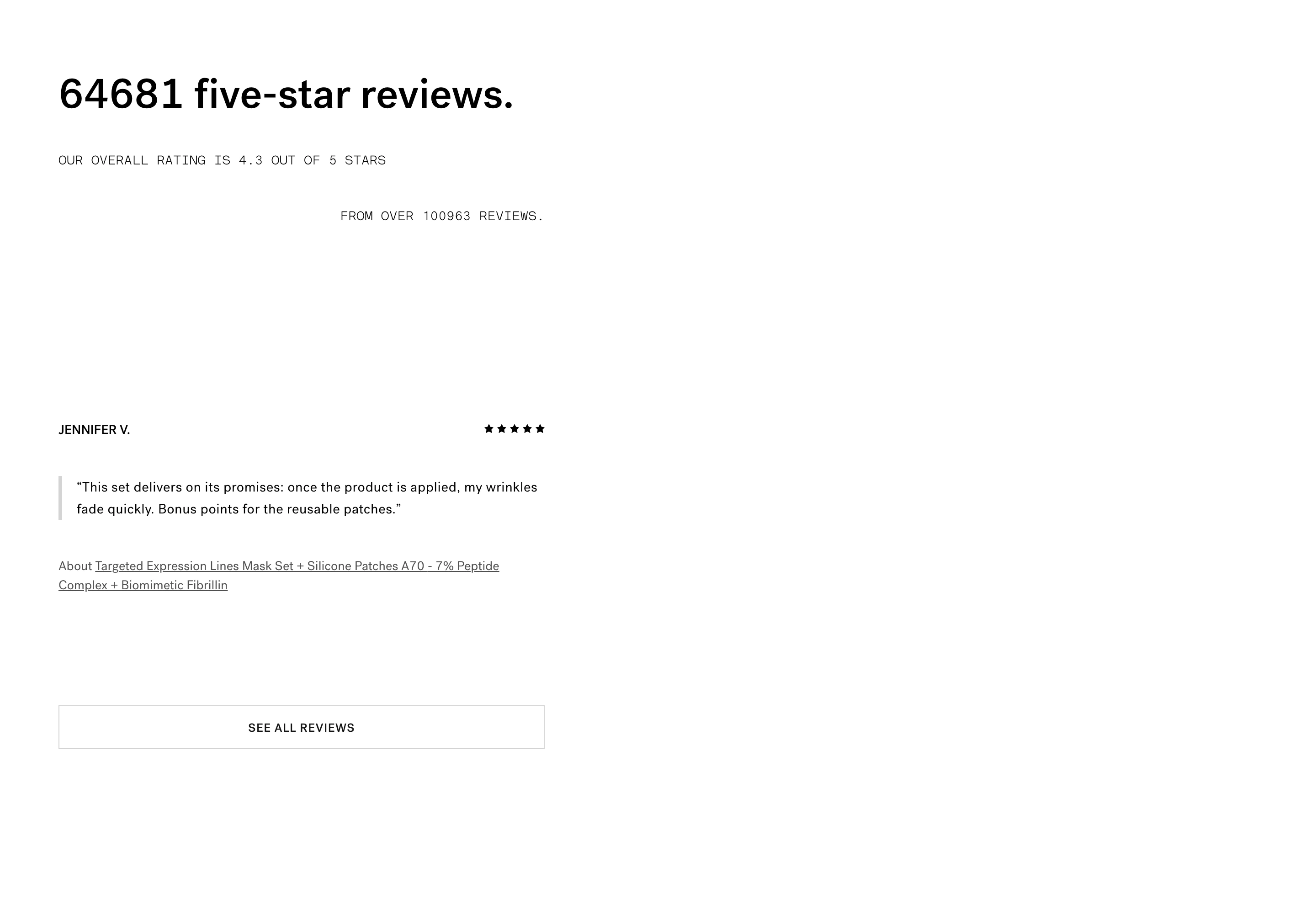 Ultra-minimal, clinical review section dominated by expansive whitespace, stark typography, and precise rating metrics.