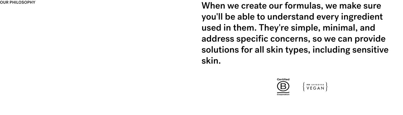 A quiet, airy philosophy statement defined by generous white space, clean grotesque typography, and subtle ethical certification marks.