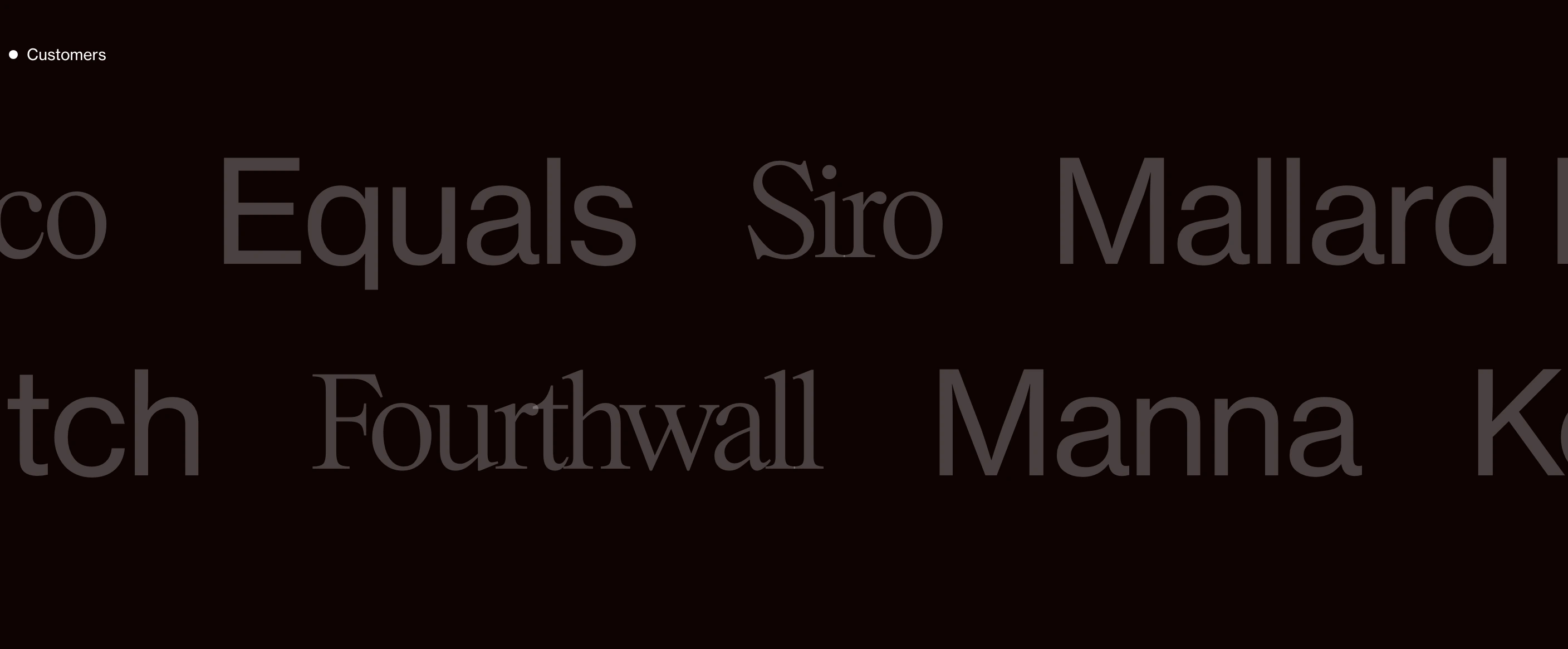 Subdued, dark typographic customer roll rendered in ghosted serif lettering that feels refined, atmospheric, and quiet.
