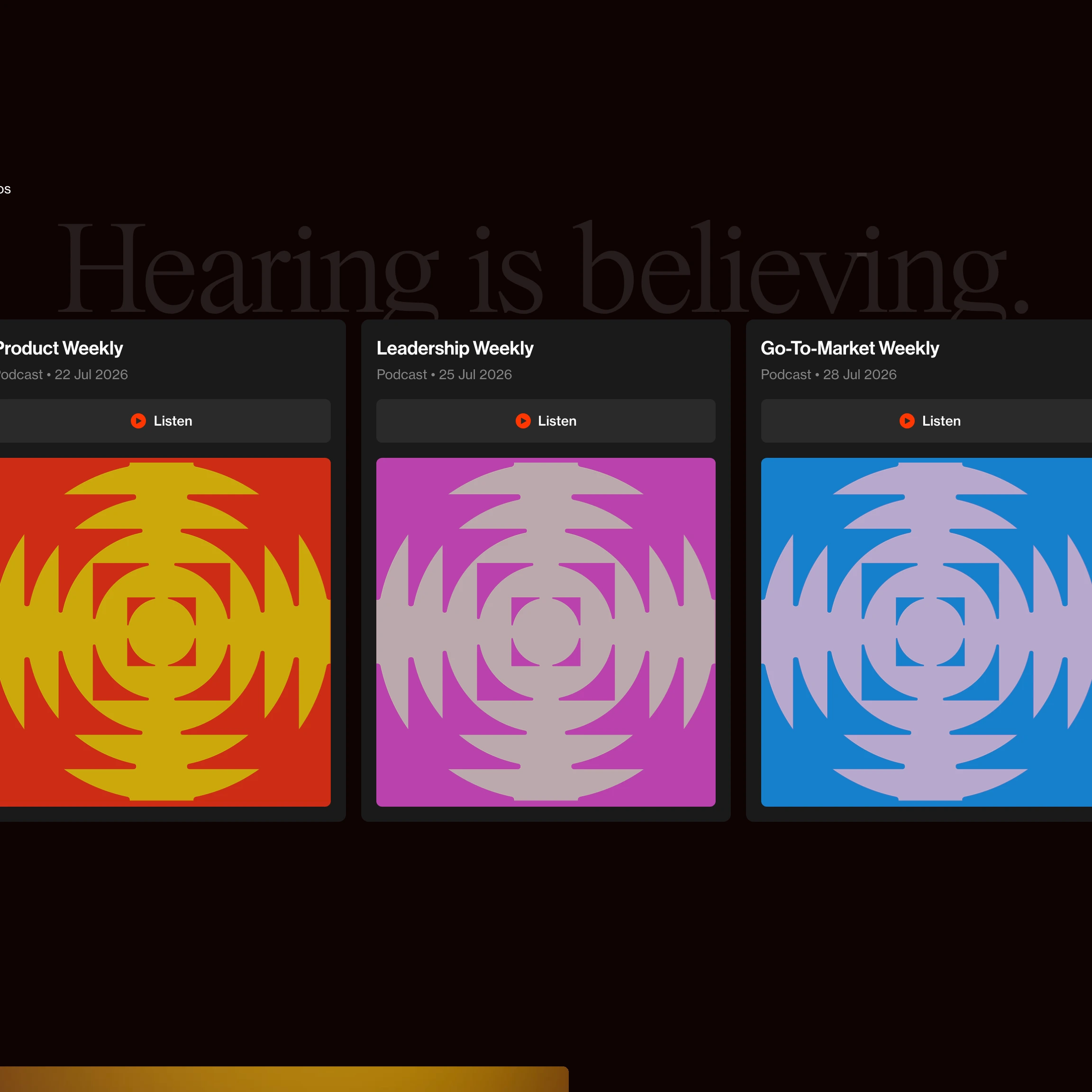 Moody dark podcast showcase pairing subtle watermarked serif typography with bold, geometric graphic album art.