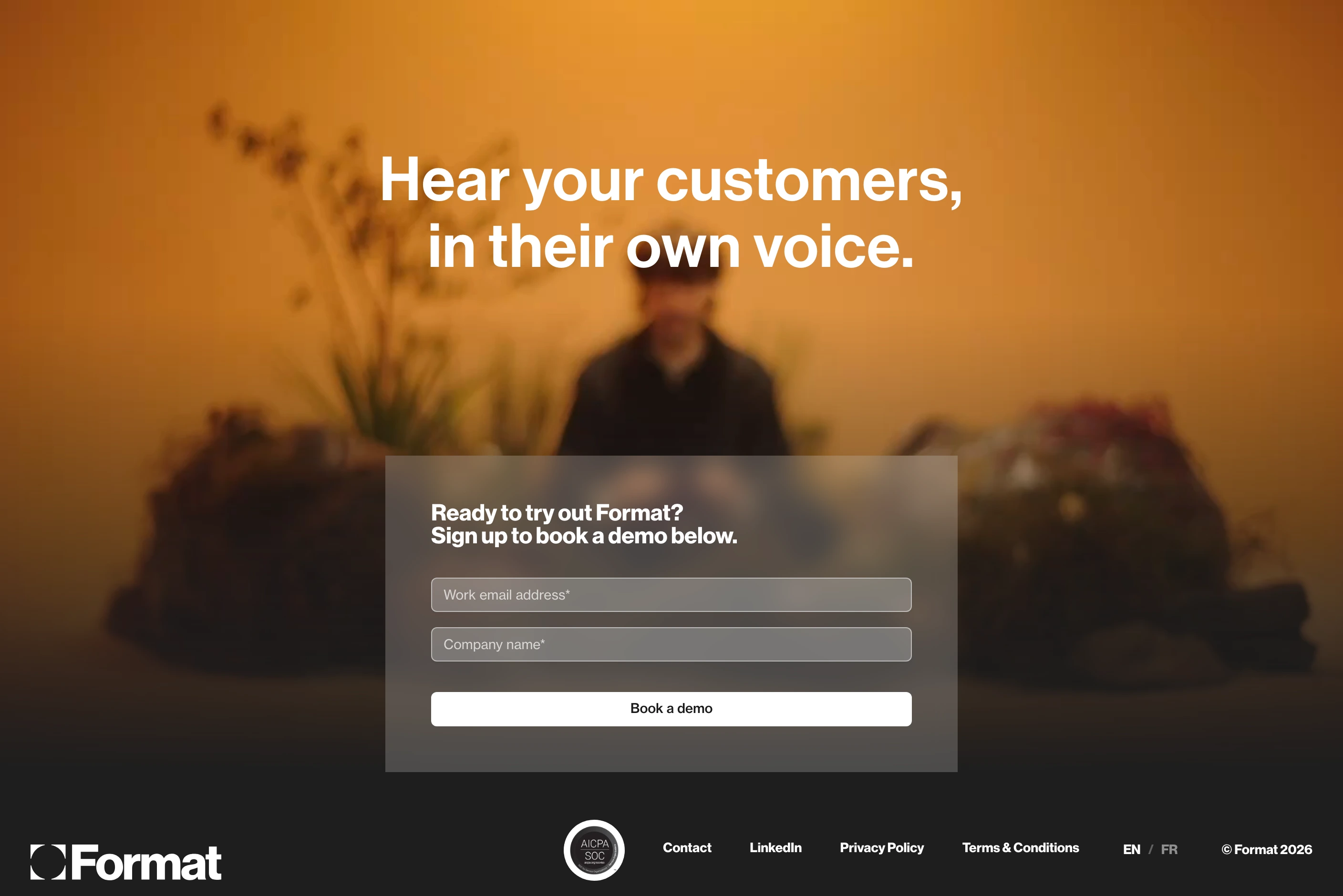 Warm and atmospheric lead-generation section featuring a frosted glass demo signup form floating over a softly blurred amber backdrop.