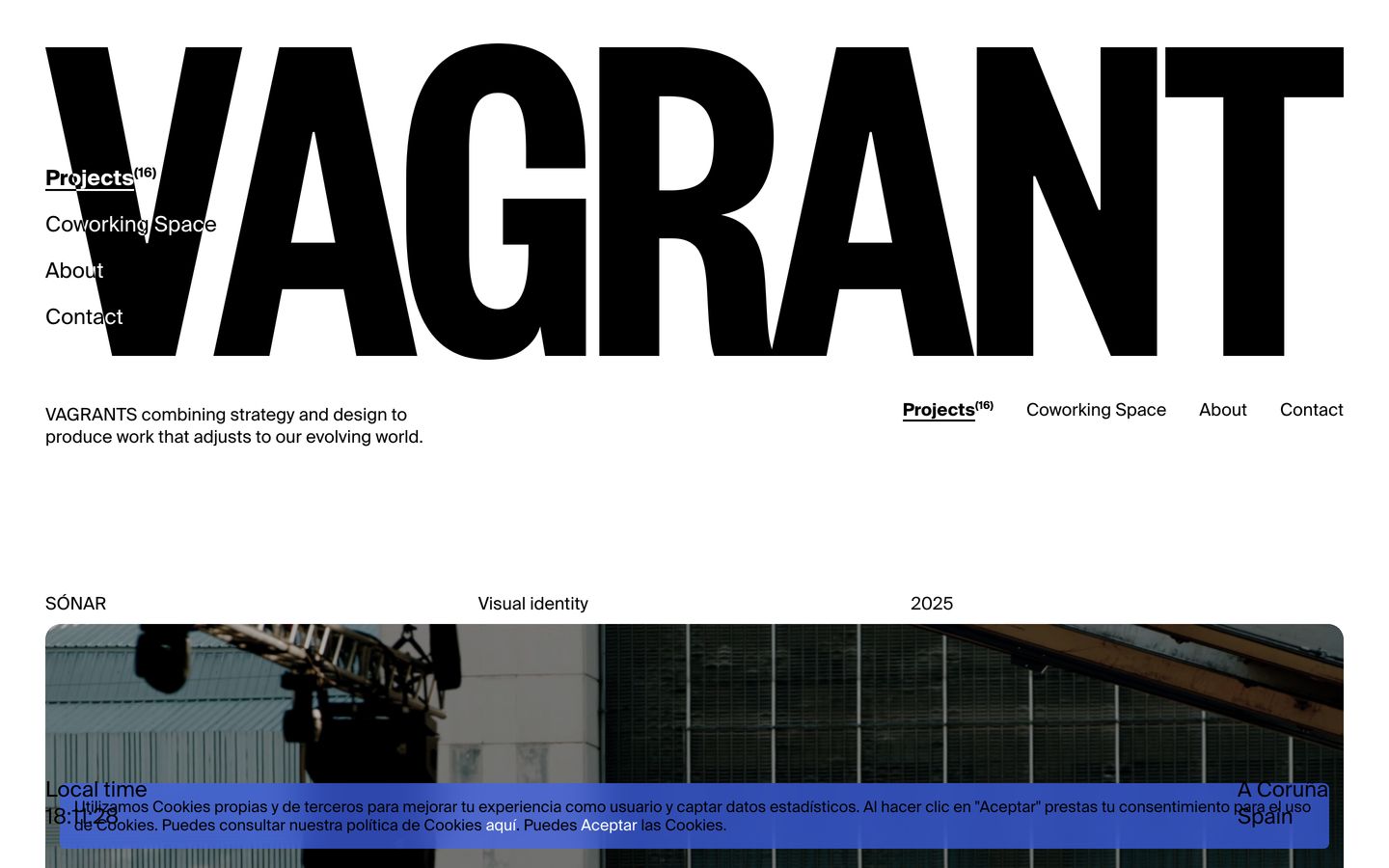 Monolithic, starkly contrasted typography dominates the viewport with an uncompromising Swiss modernist presence.