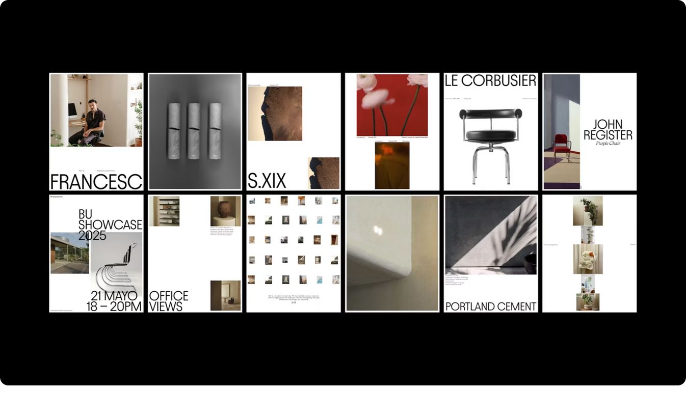 Curated editorial gallery grid of architecture and design posters laid out with rigorous typographic precision and clean modular framing.
