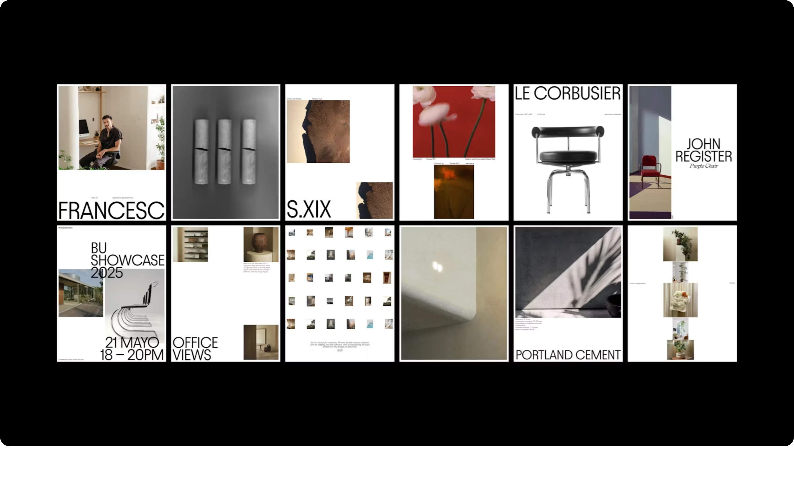 Curated editorial gallery grid of architecture and design posters laid out with rigorous typographic precision and clean modular framing.