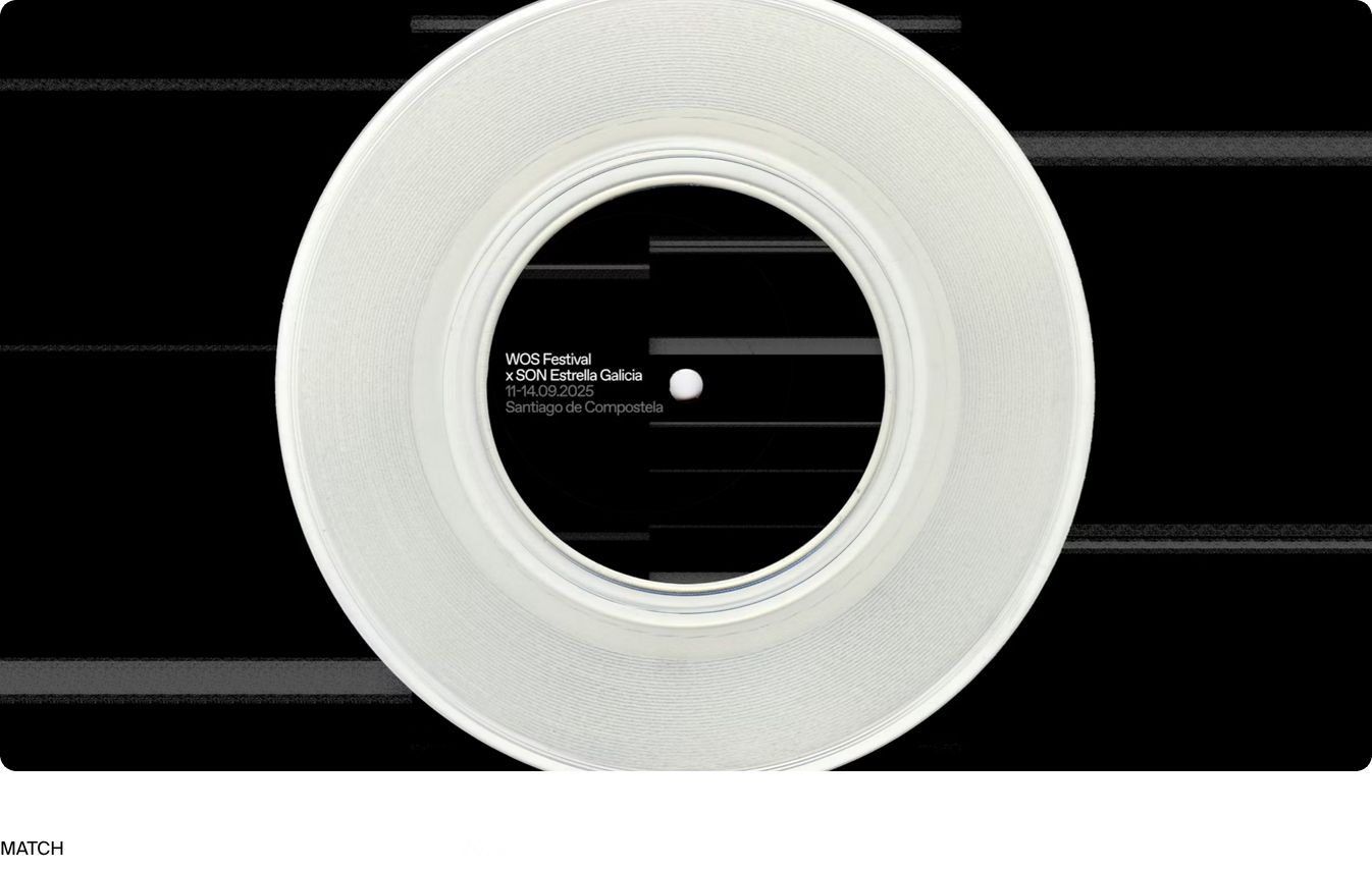 A stark and hypnotic festival announcement dominated by a giant white vinyl record against black scanline bars.