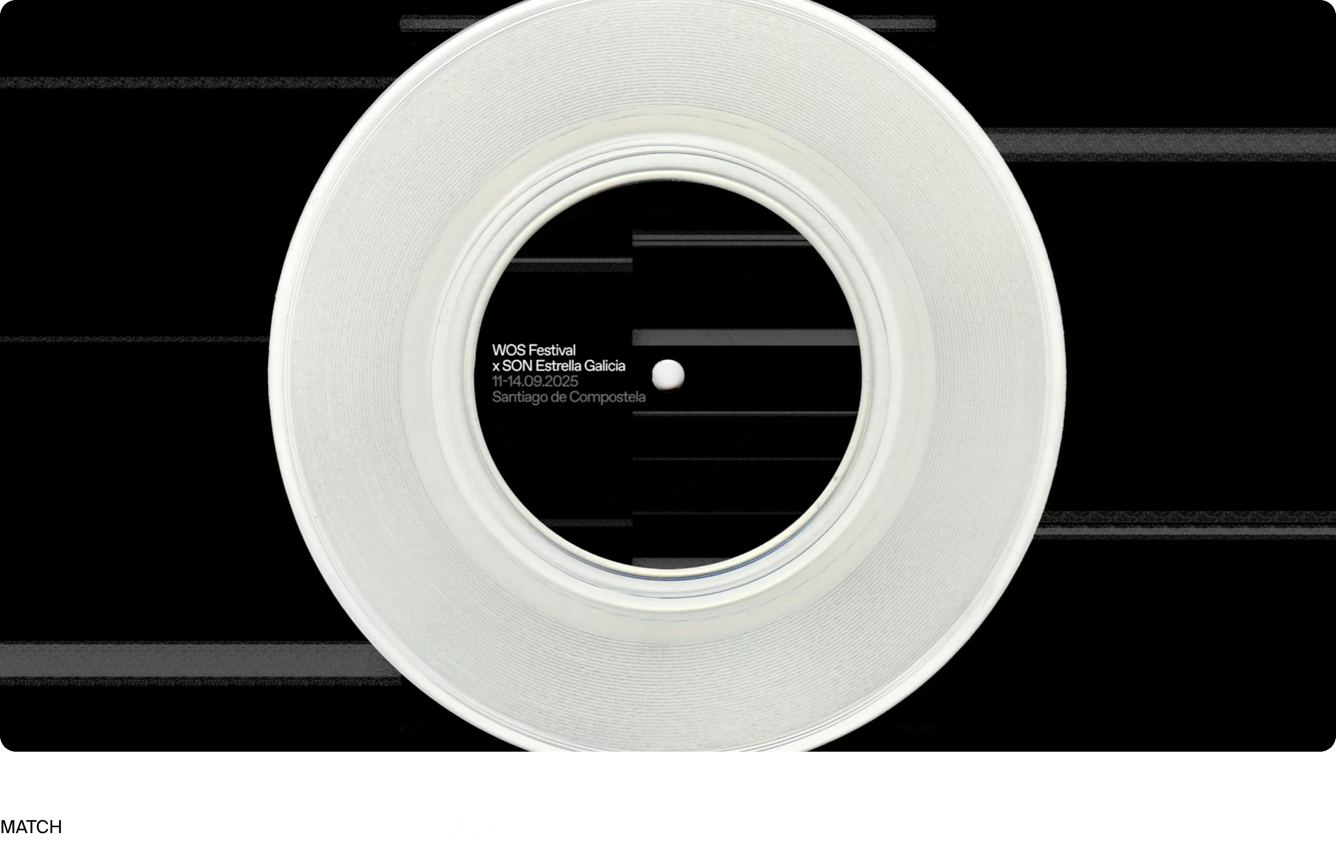 A stark and hypnotic festival announcement dominated by a giant white vinyl record against black scanline bars.