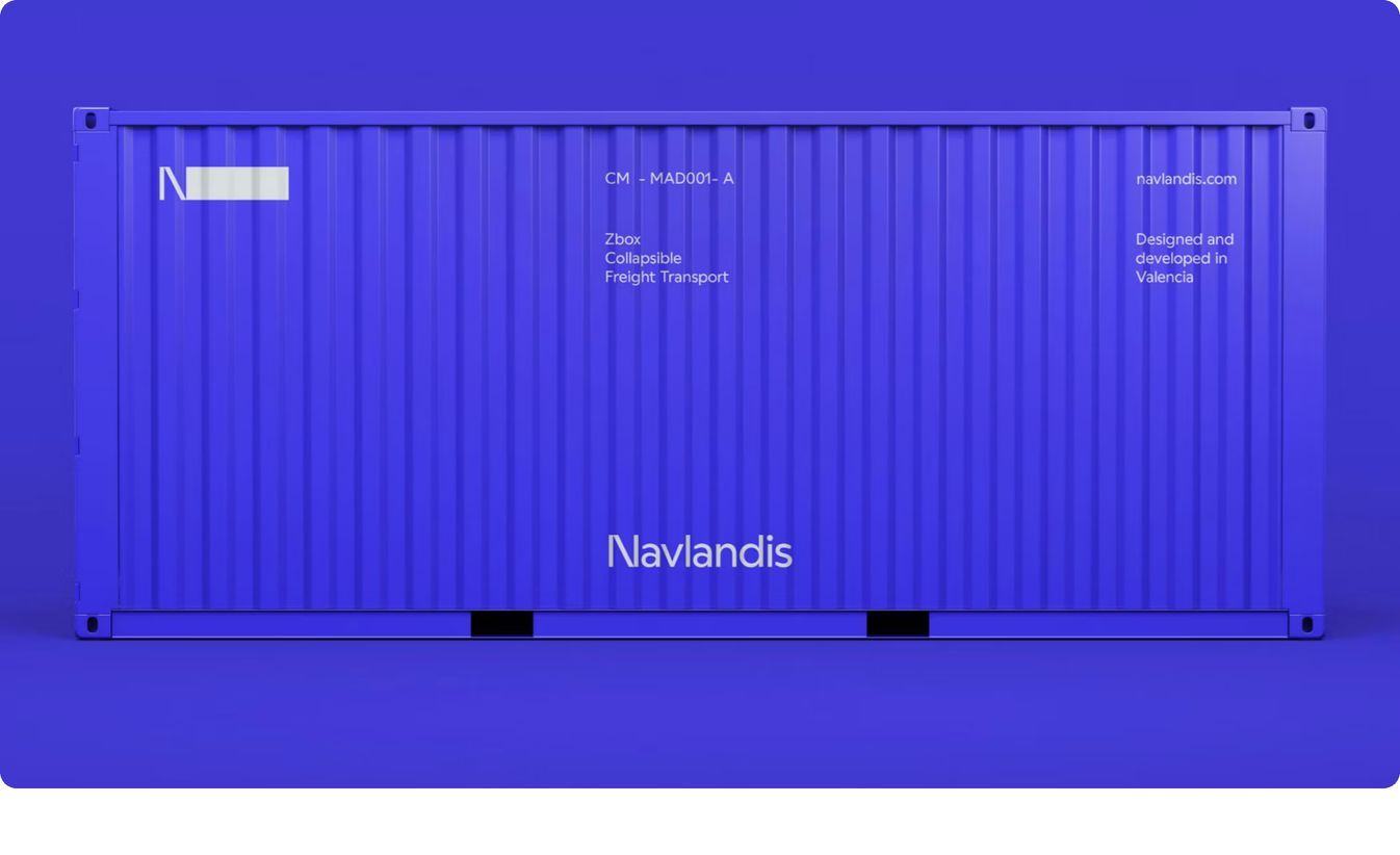 A monochromatic electric blue 3D render of a branded shipping container with stark white industrial typography.