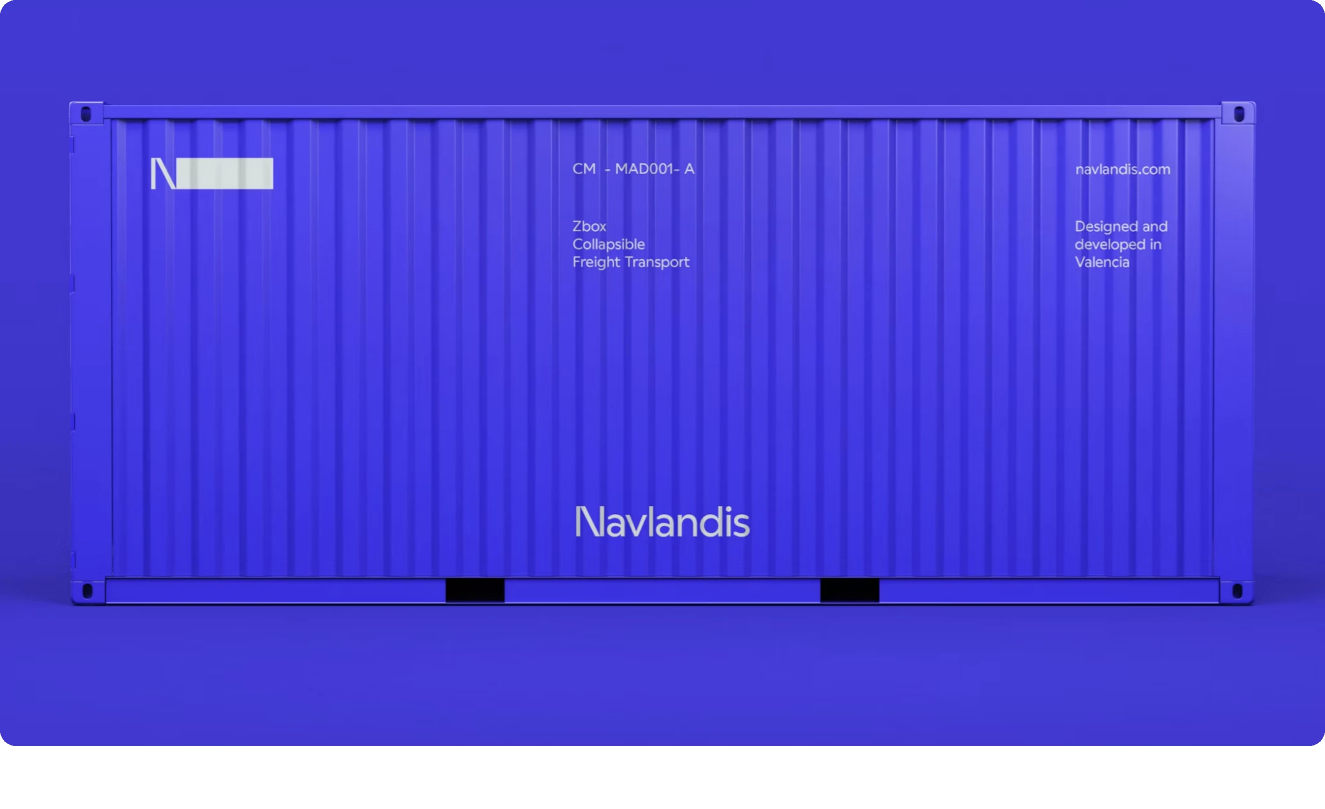 A monochromatic electric blue 3D render of a branded shipping container with stark white industrial typography.