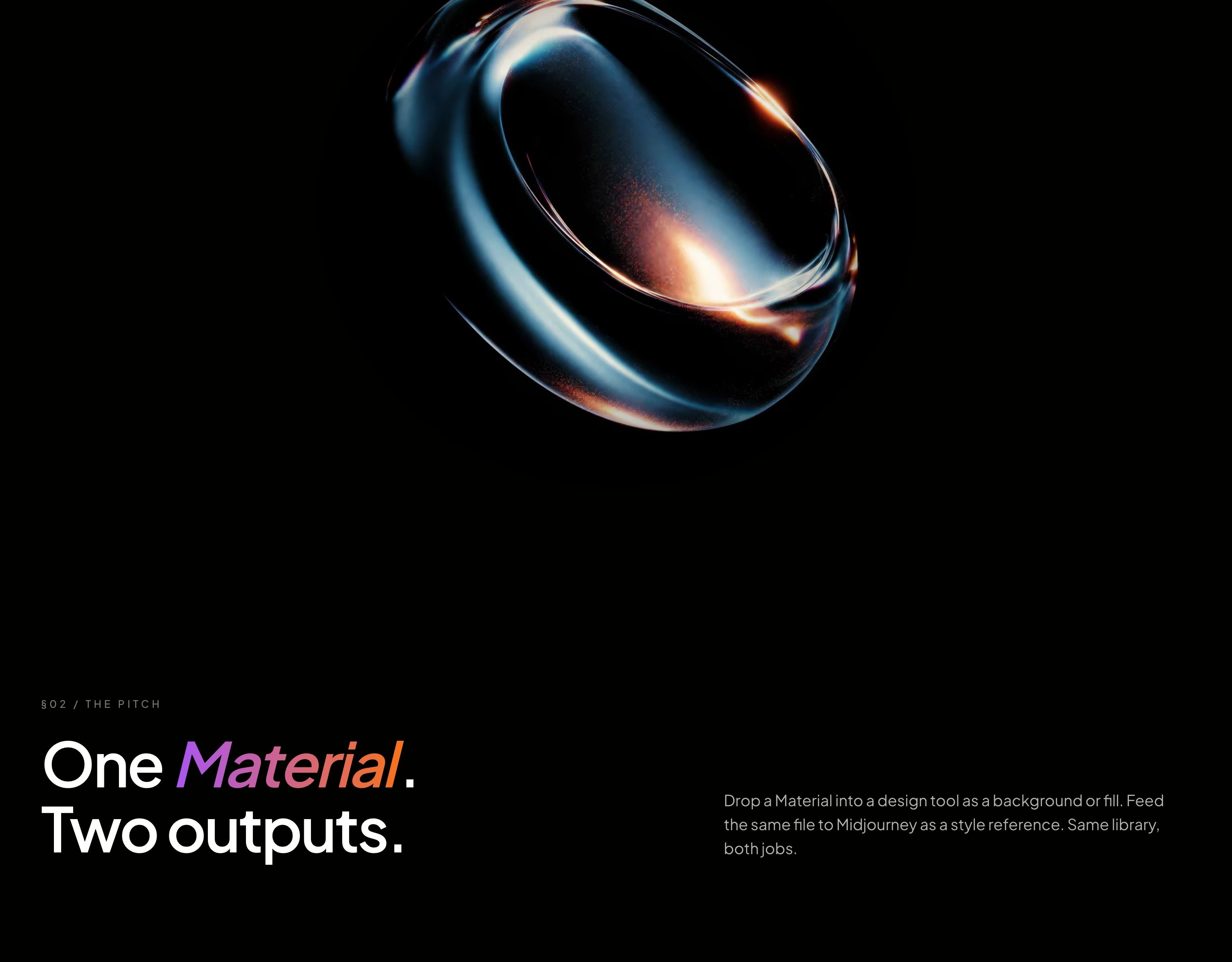 An obsidian void defined by an ethereal, glowing glass ring hovering above crisp split-aligned copy.