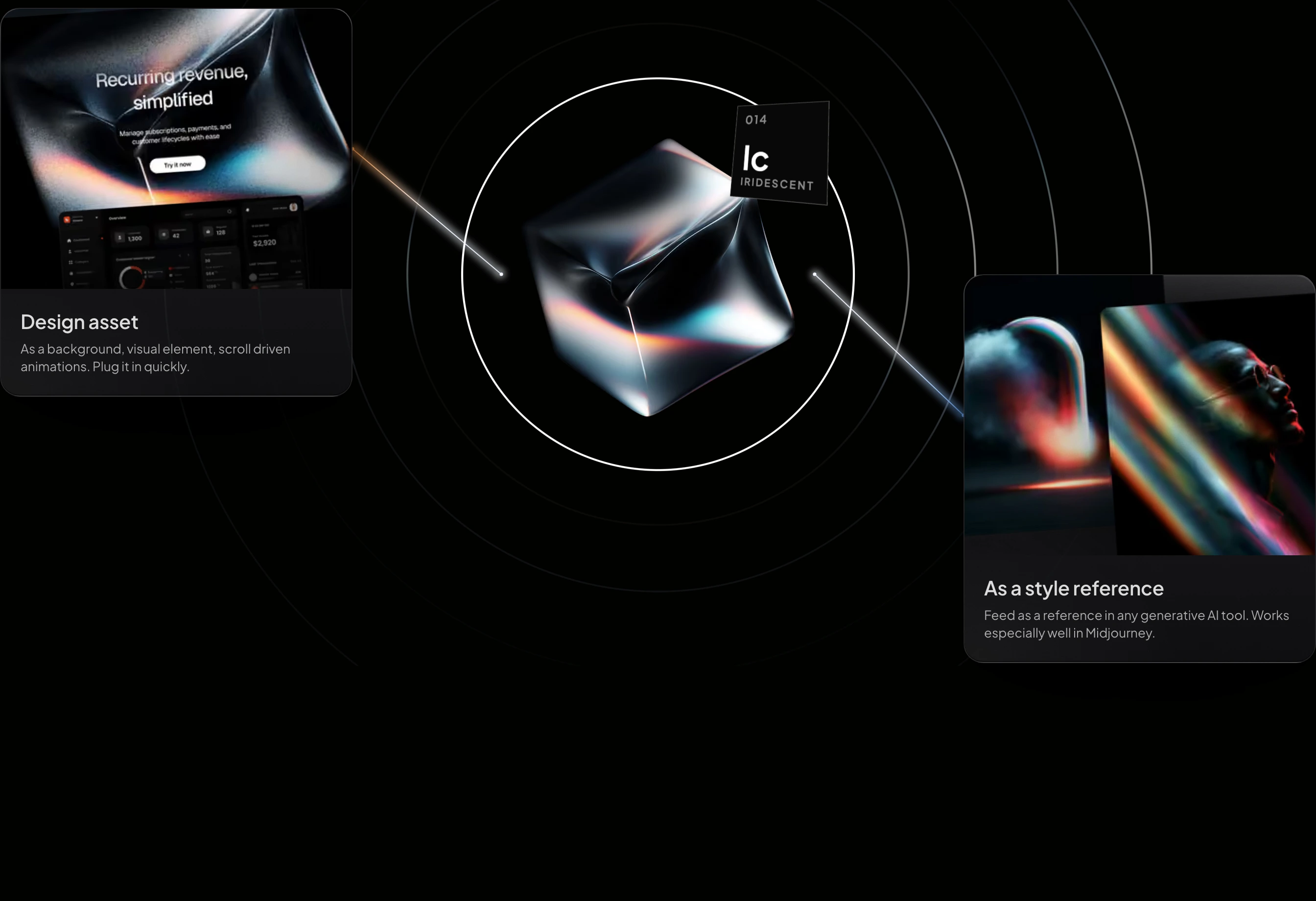 Futuristic dark-mode showcase centering a refractive 3D glass cube with glowing radial orbits connected to satellite feature cards.