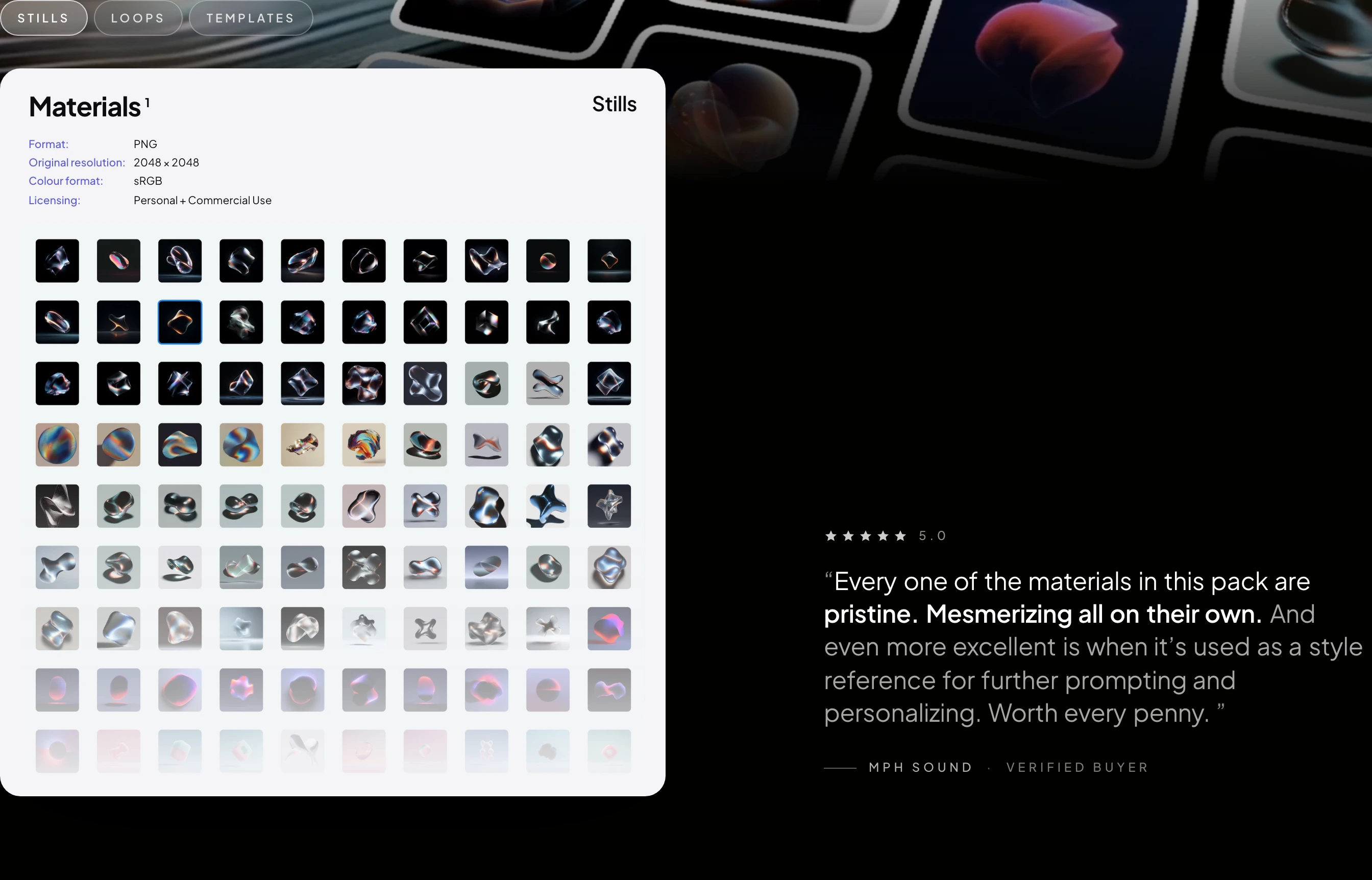 A floating light asset specification card contrasts against deep black space beside an elegant verified buyer testimonial.