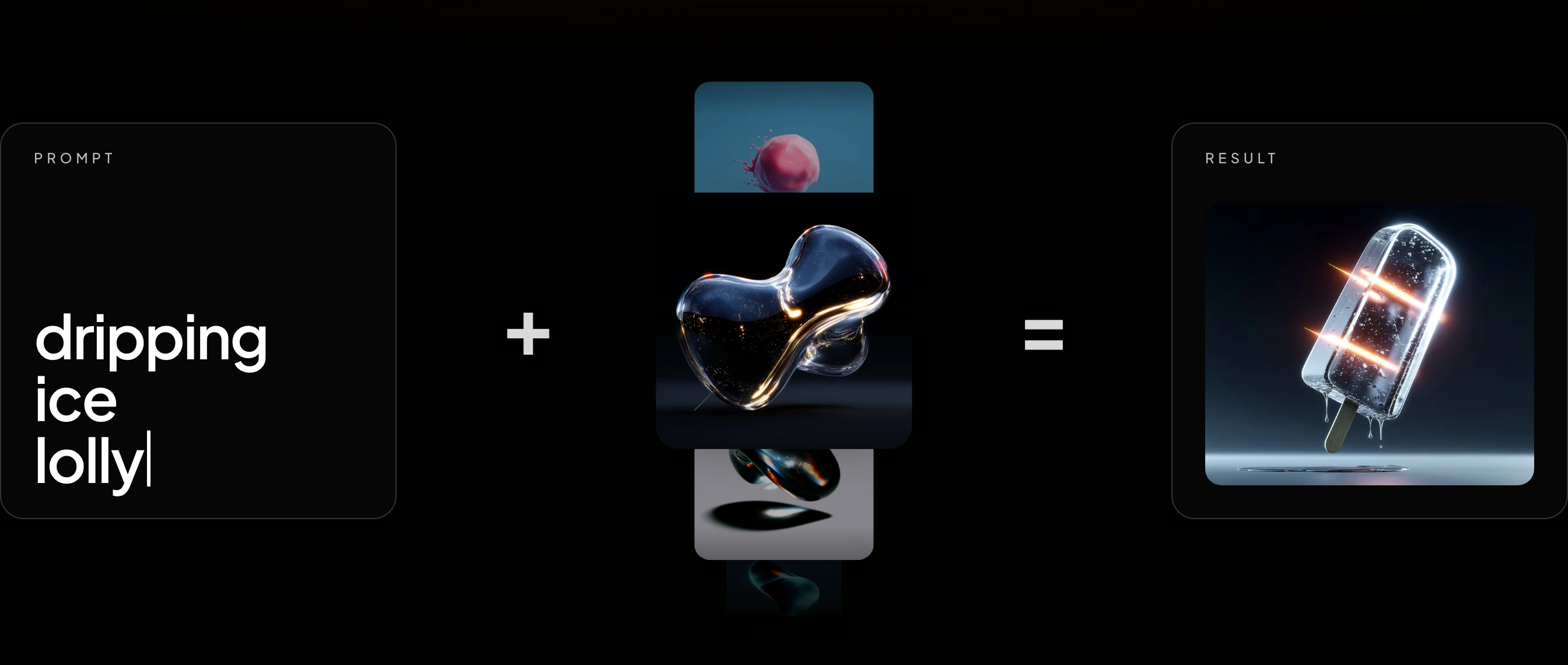 Sleek dark-mode equation breakdown showing prompt plus material style yielding a glossy 3D rendered result.