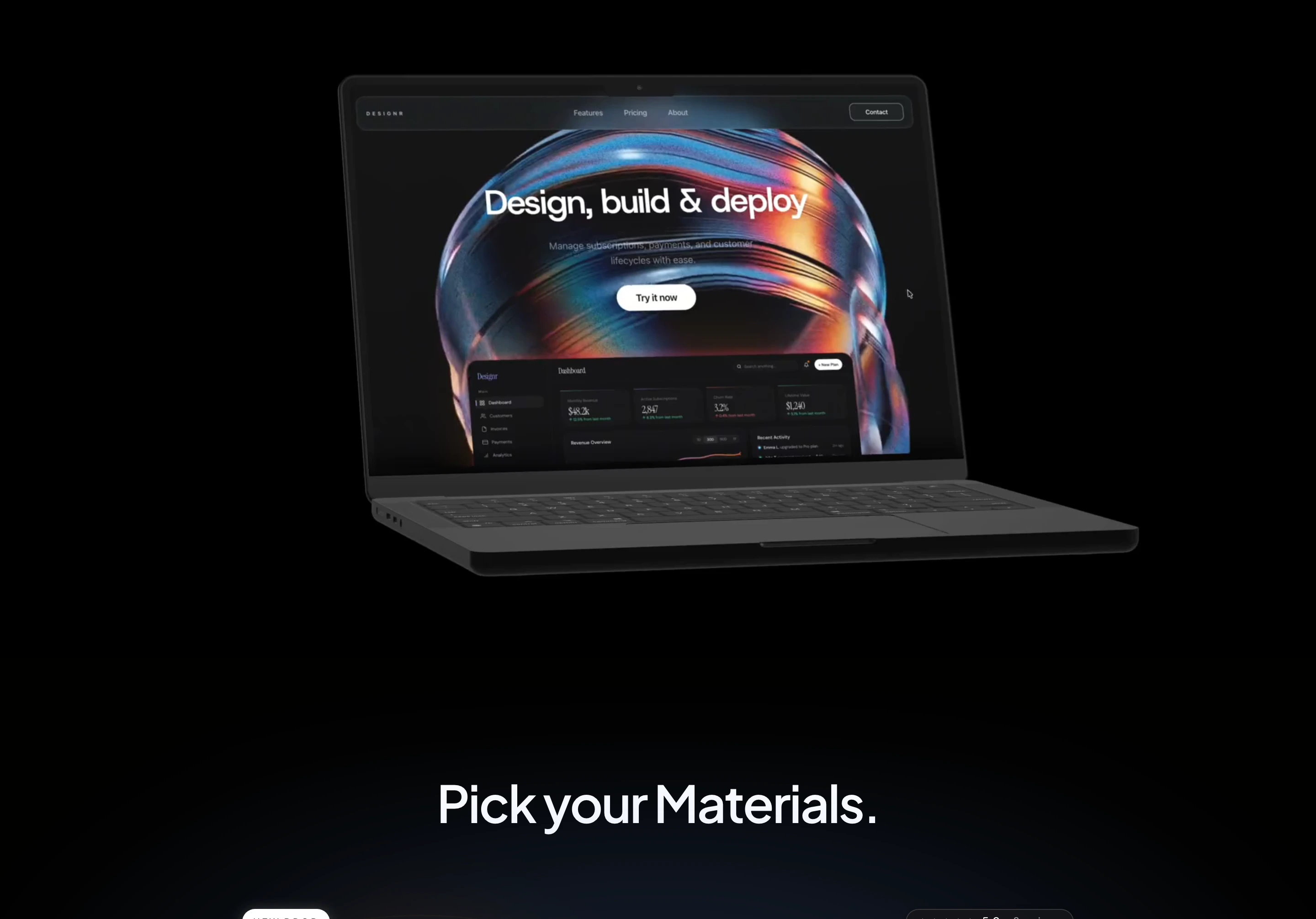 A pitch-black showcase centered on a sleek 3D laptop rendering that glows with an iridescent abstract visual.