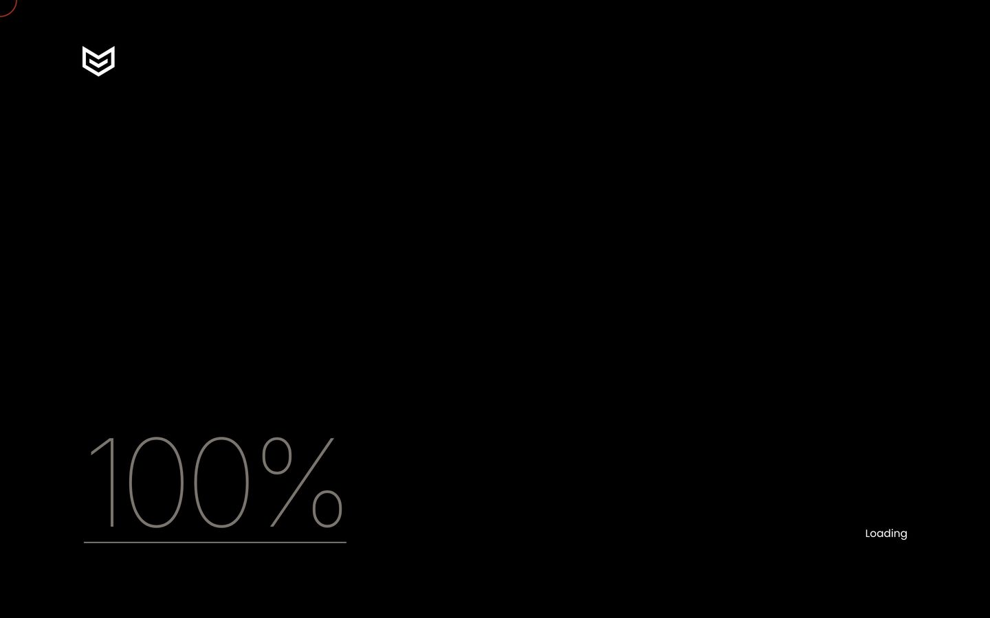 An ultra-minimal, high-contrast dark preloader screen defined by vast negative space and precise corner-anchored typographic indicators.