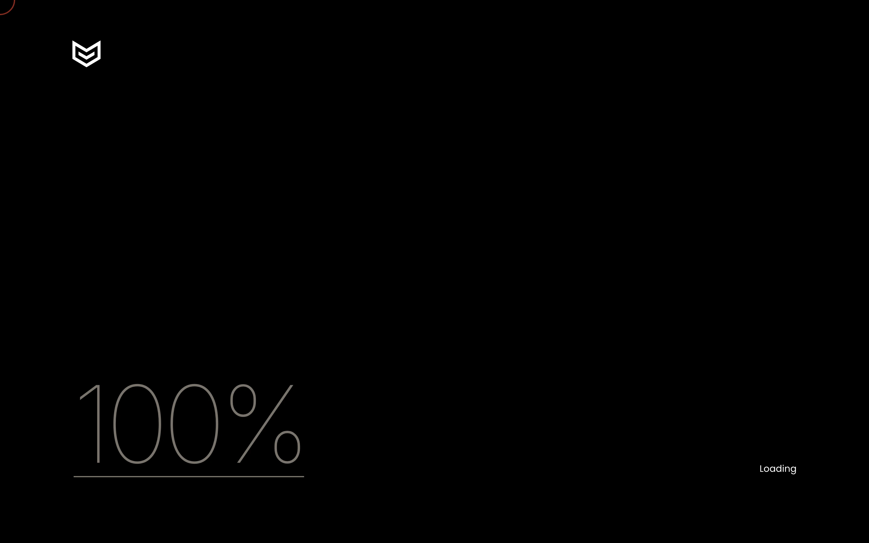An ultra-minimal, high-contrast dark preloader screen defined by vast negative space and precise corner-anchored typographic indicators.