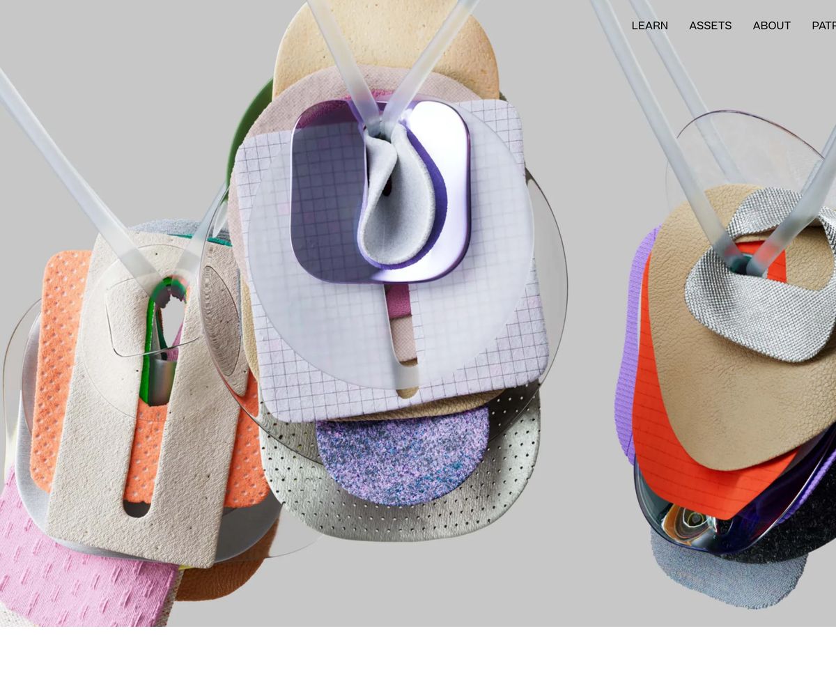 Tactile gallery-like hero featuring suspended material swatches and minimal top-right uppercase navigation.