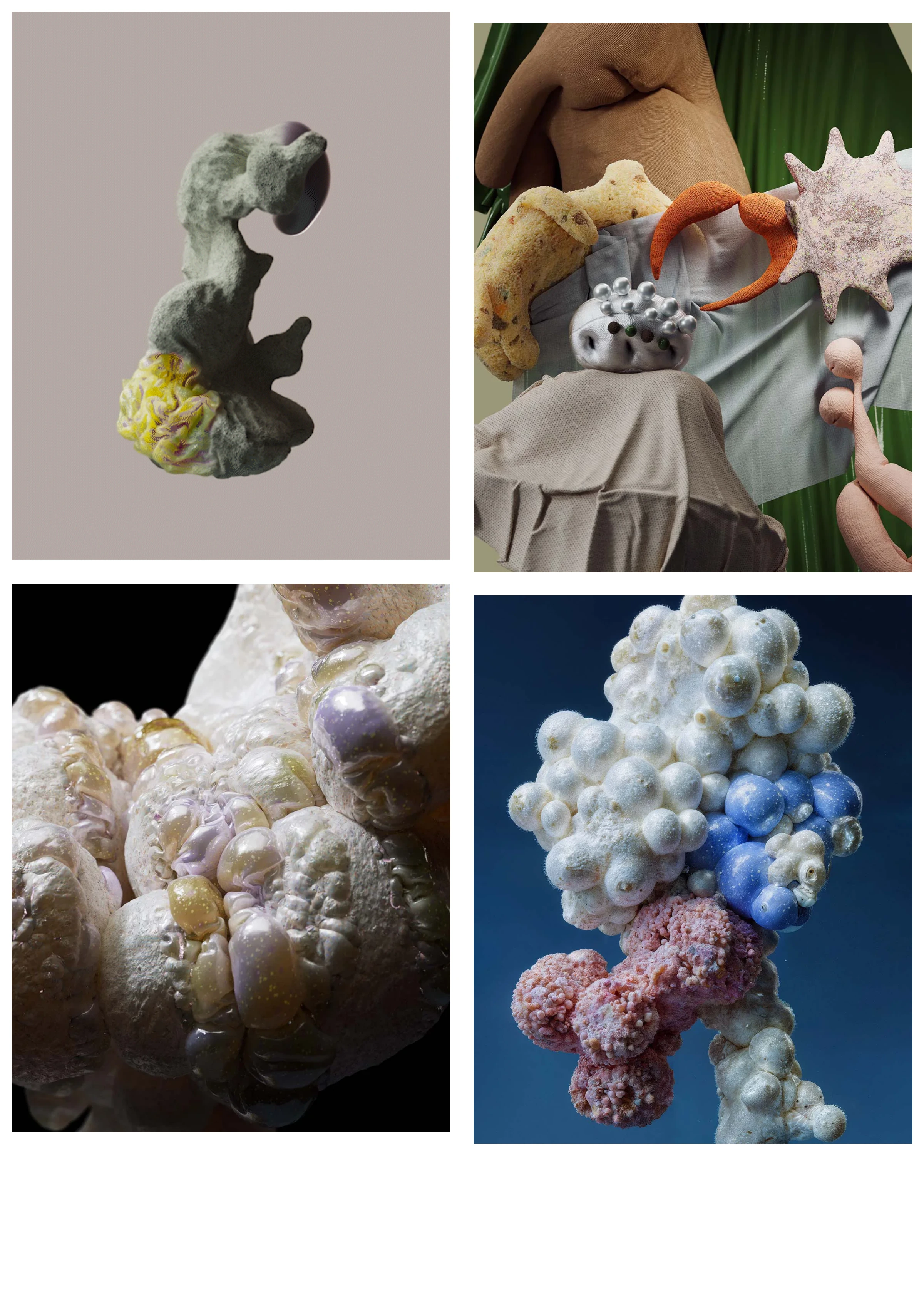 A quiet four-panel showcase of surreal, tactile 3D sculptures framed by clean whitespace.