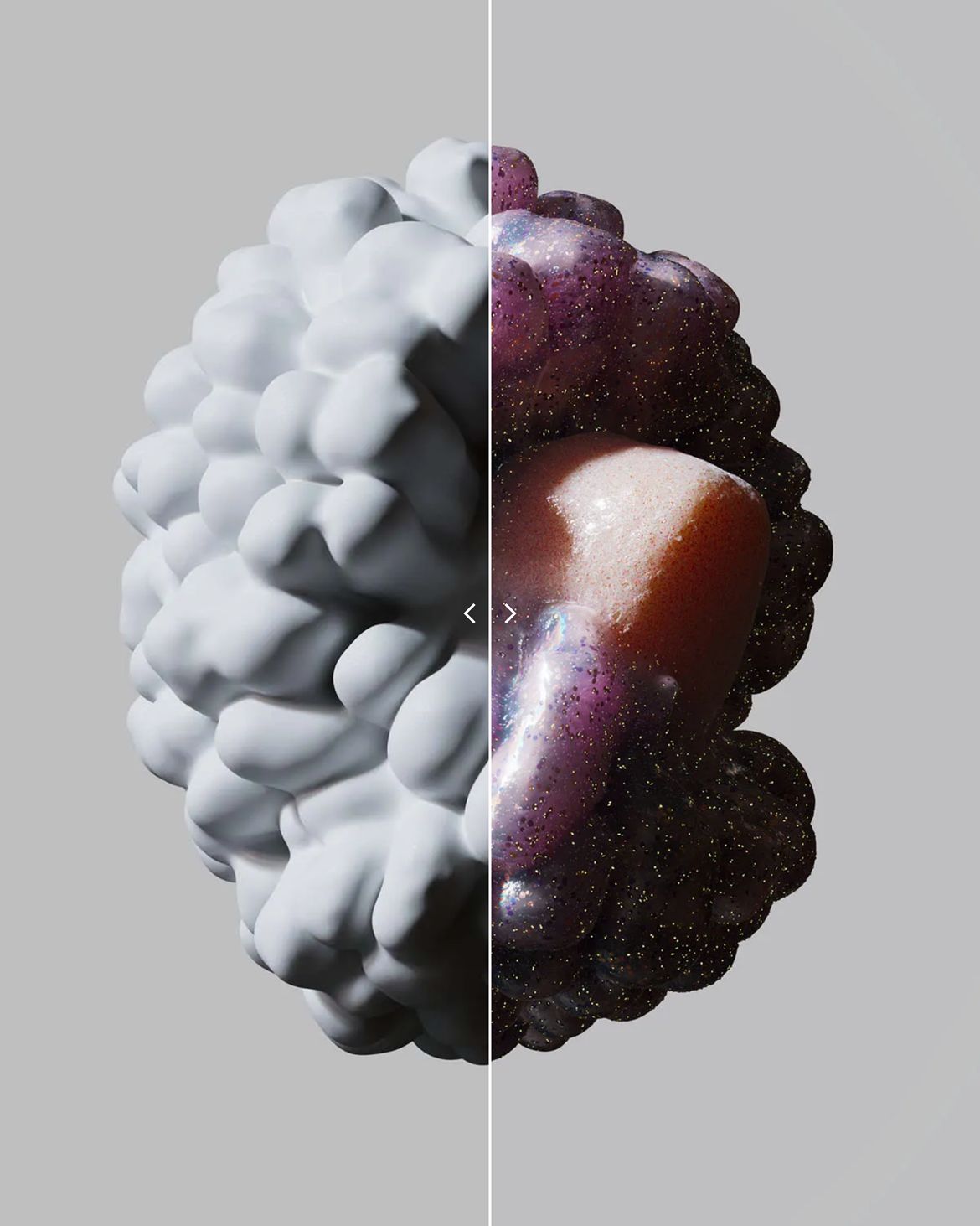 Quiet studio presentation featuring an interactive split-view slider comparing clay and textured renders of a sculpted 3D form.