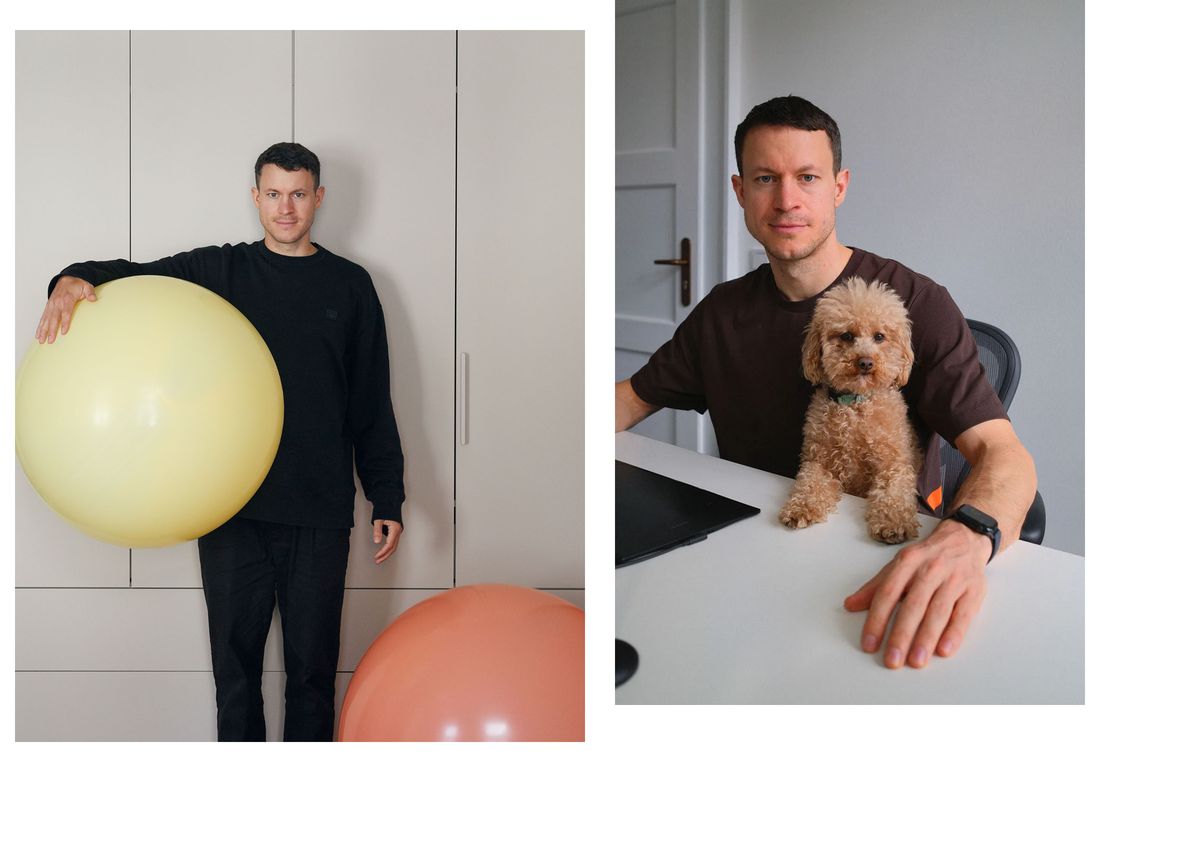 A clean, airy photographic diptych capturing intimate and quirky portraits against an expansive white background.