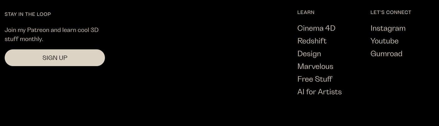 A quiet, minimal dark footer with generous negative space and refined cream typography framing newsletter signup and navigational links.