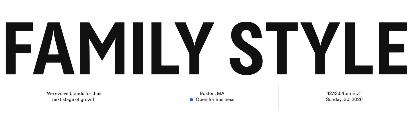 High-impact typographic hero pairing an oversized grotesk wordmark with a clean Swiss information bar below.