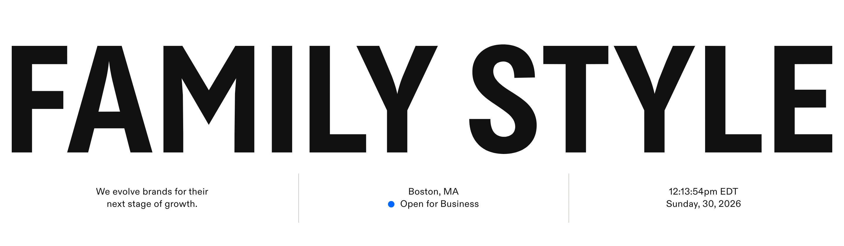 High-impact typographic hero pairing an oversized grotesk wordmark with a clean Swiss information bar below.