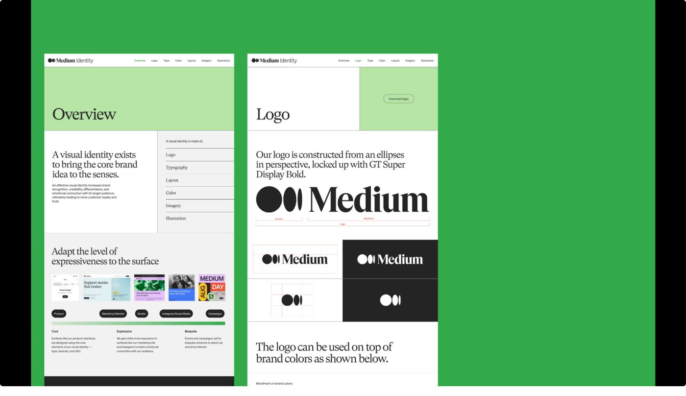 A crisp, structured presentation of brand identity guidelines displayed side-by-side on a vivid green backdrop.
