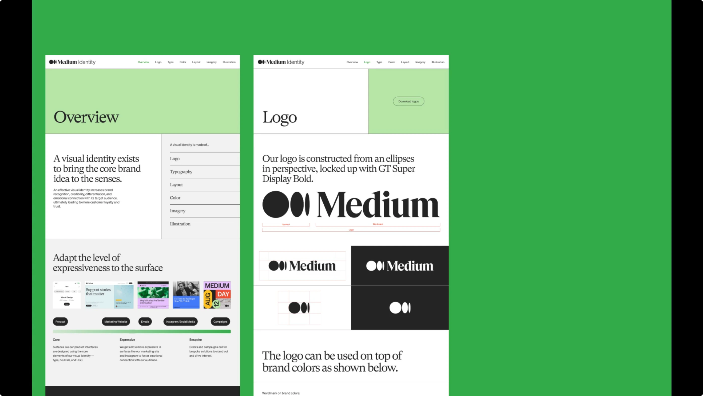 A crisp, structured presentation of brand identity guidelines displayed side-by-side on a vivid green backdrop.