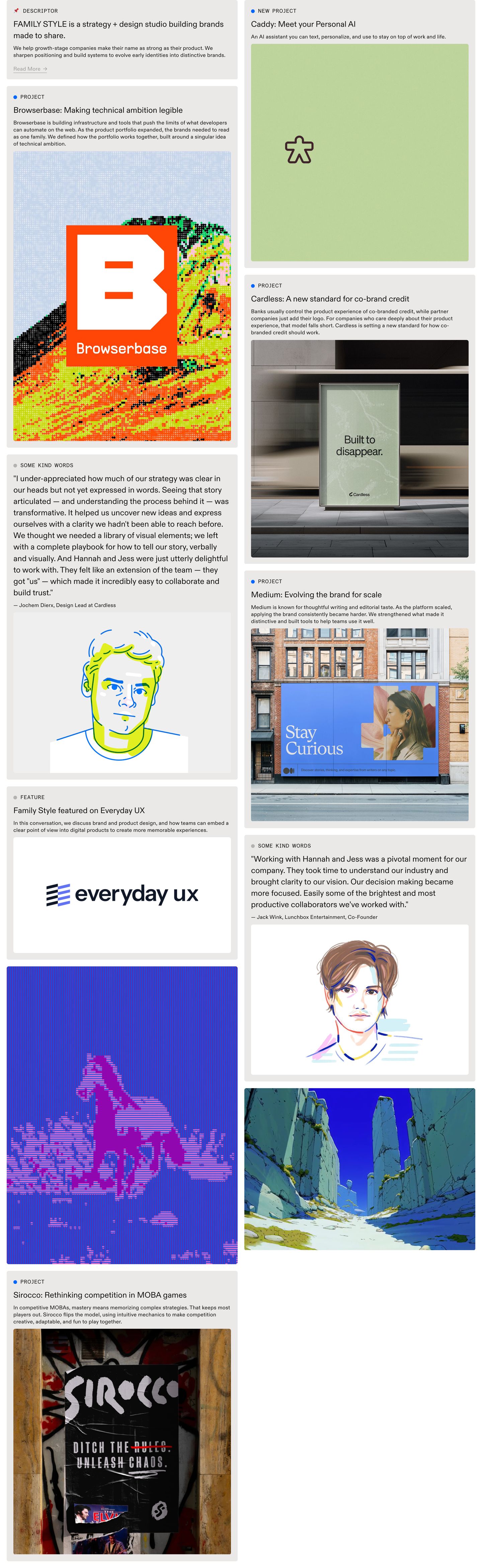 A structured, quiet editorial portfolio grid blending project case studies, client testimonials, and studio insights inside soft grey content cards.