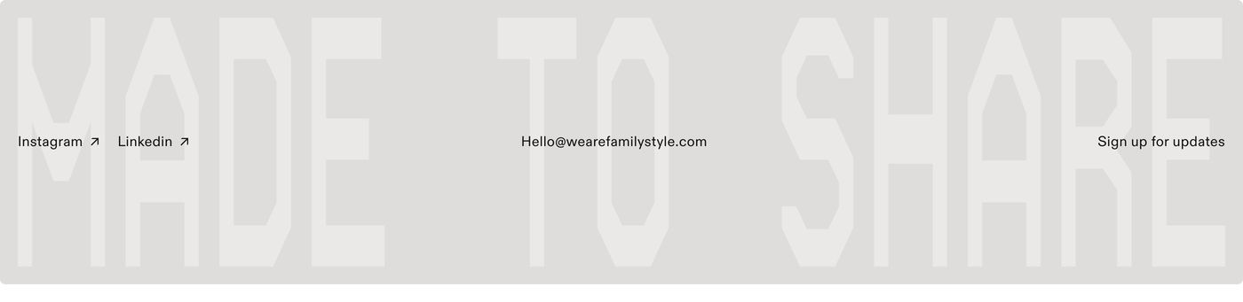 Subtle minimalist footer featuring faint oversized geometric lettering behind clean utilitarian contact and social links.